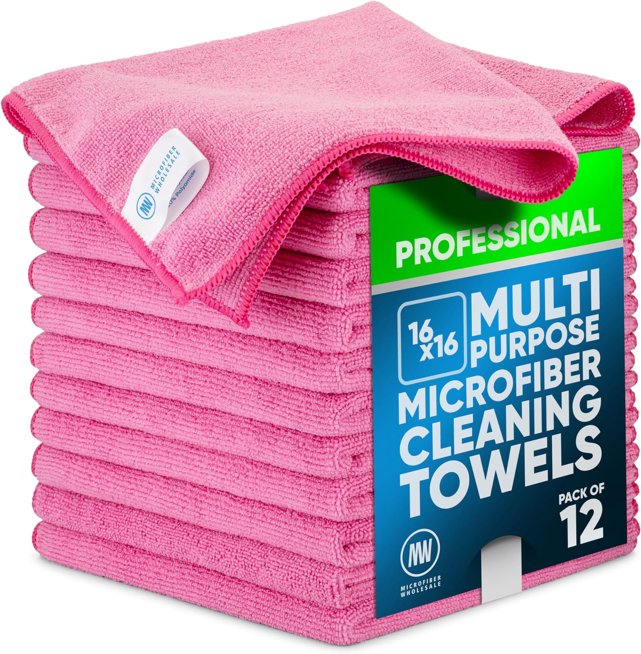 MW Pro Microfiber Cleaning Cloth | Pink | 12 Pack | 16” x 16” | All Purpose Microfiber Towels - Clean, Dust, Polish, Scrub, Absorbent