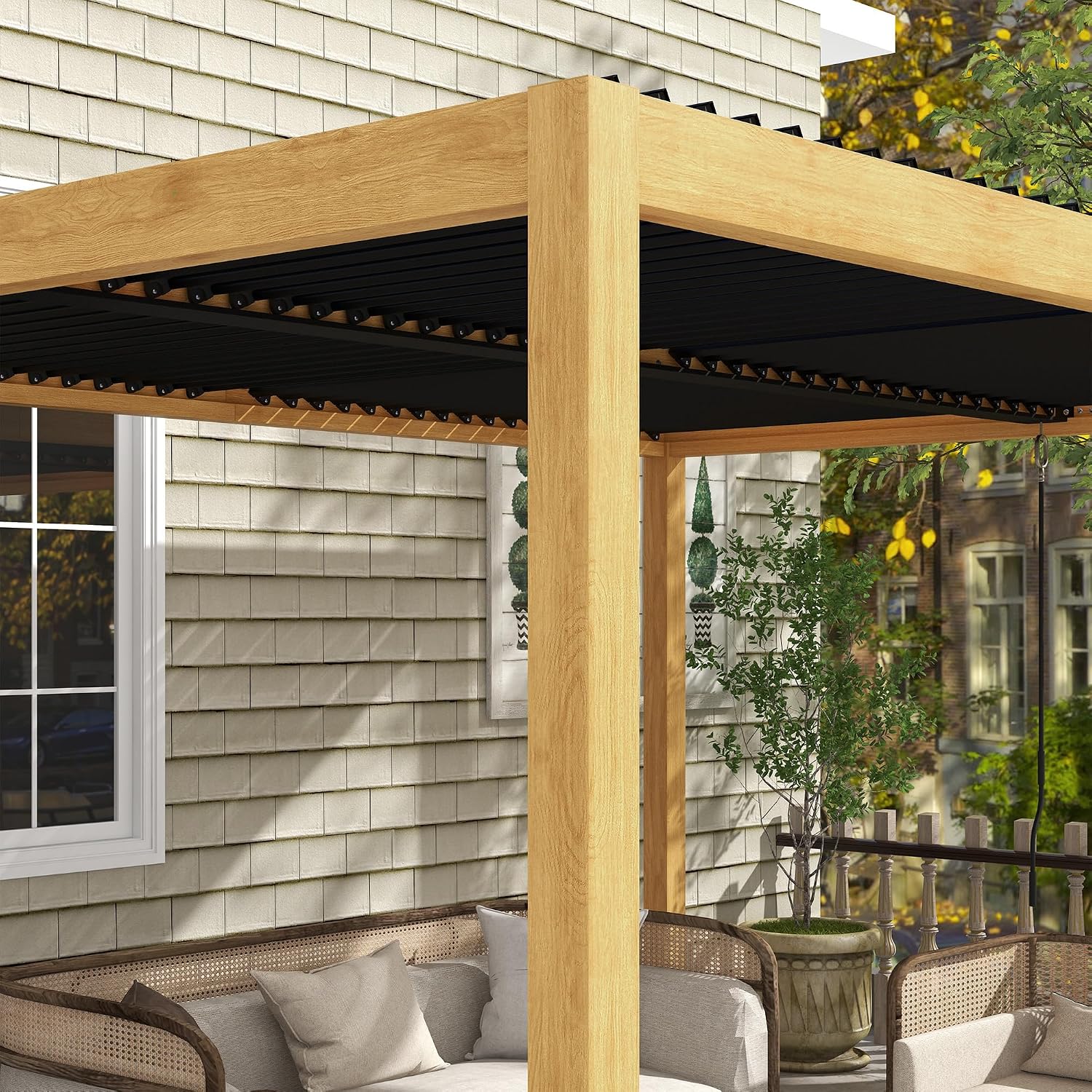 Aluminum louvered pergola creating sophisticated outdoor entertaining space with adjustable shade and contemporary design