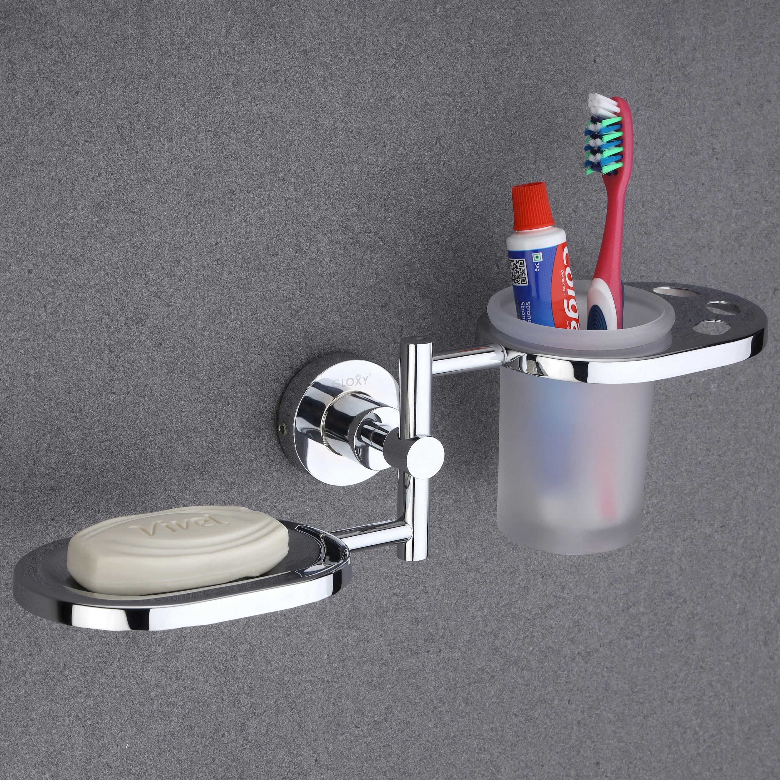 GLOXY Stainless Steel Soap Holder with Glass and Toothbrush Holder, Wall Mounted Bathroom Soap Dish, Bathroom Accessories, Rust-Resistant and Durable Design, Elegant and Modern Look