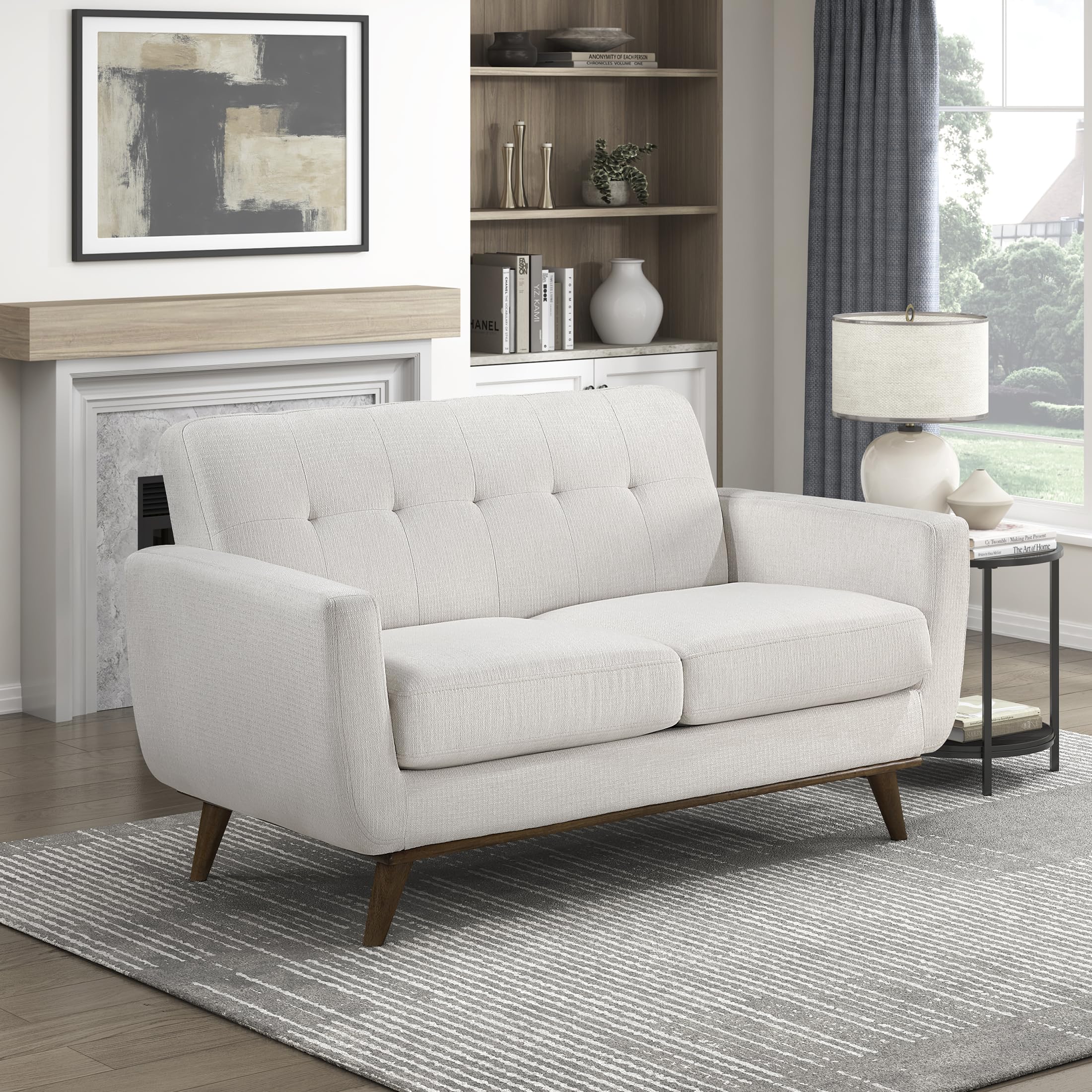 Photo 1 of Lexicon Modern Accent Couch, Textured Fabric Upholstered Loveseat with Brown Wood Legs, Track Arms, Tufted Couch Back, 2 Seater Loveseat Sofa for Living Room/Office/Waiting Room, Beige
