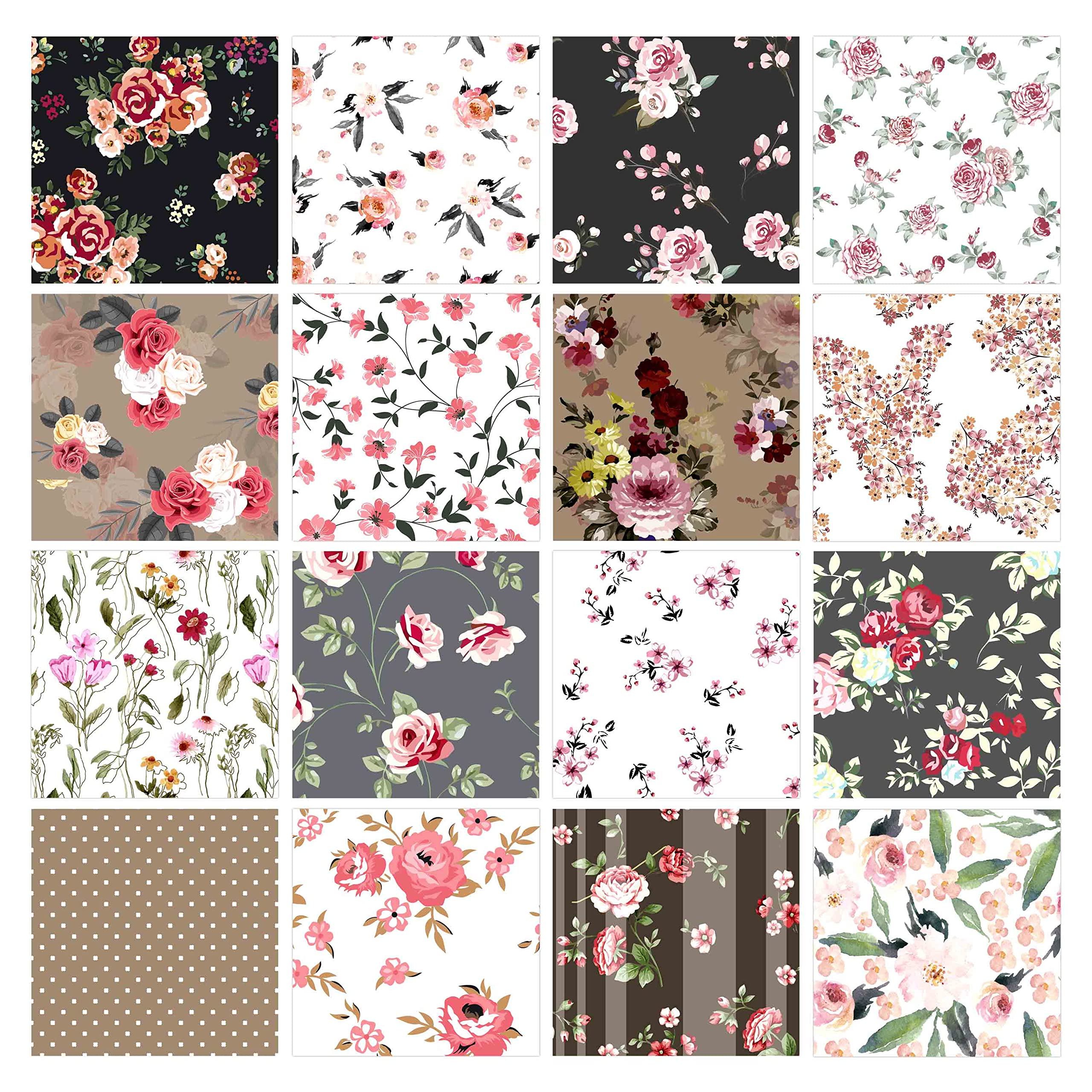 Soimoi 16 Pc Fat Quarter Bundle, Floral Print 18"x 22" DIY Patchwork- 100% Cotton Pre-Cut Quilting Fabric White & Gray