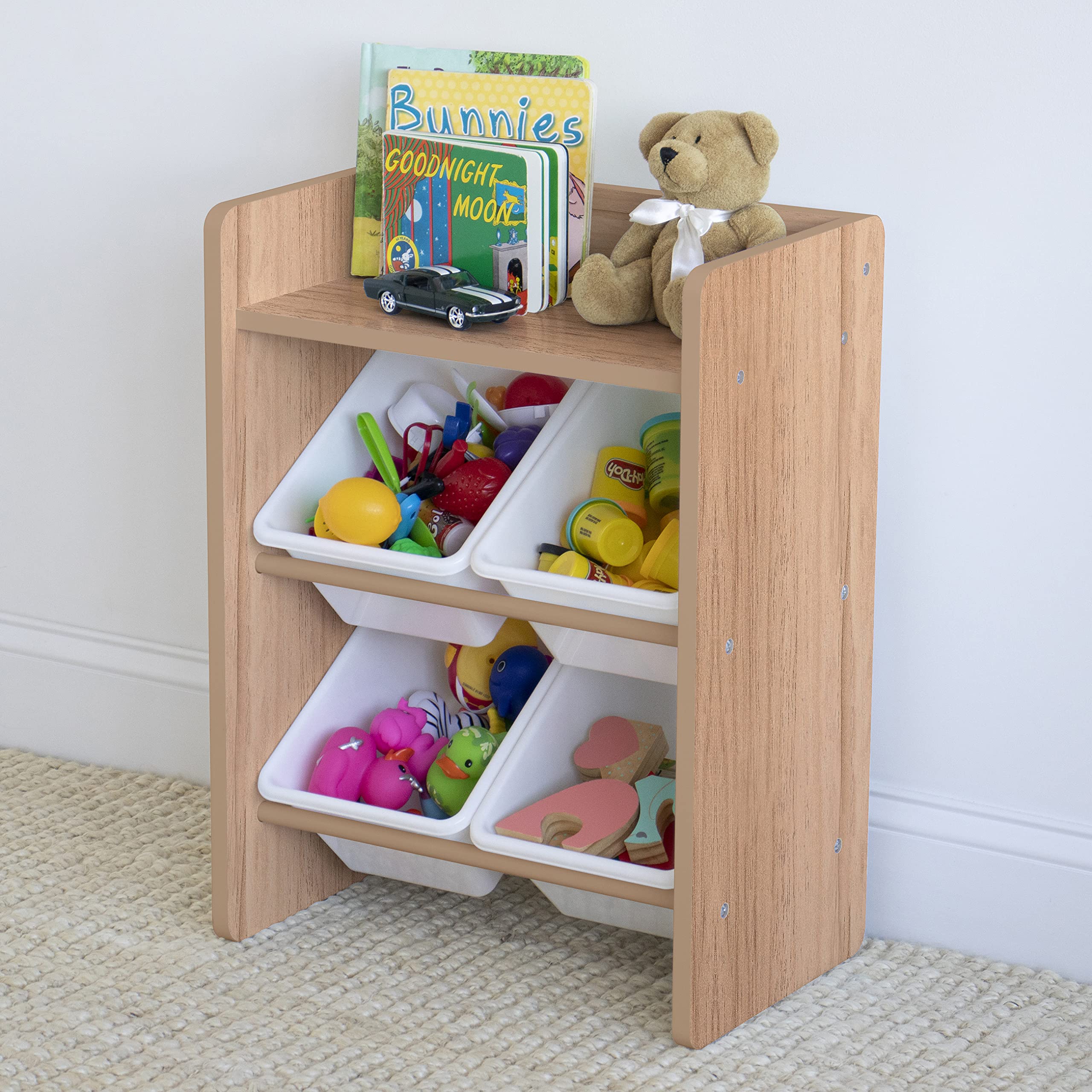 HumbleCrew Scaffale Bambini Compatto: Organizer Giocattoli con 4 Contenitori, Design Naturale/Bianco Elegante, Ideale per Camerette Stile e Ordinate