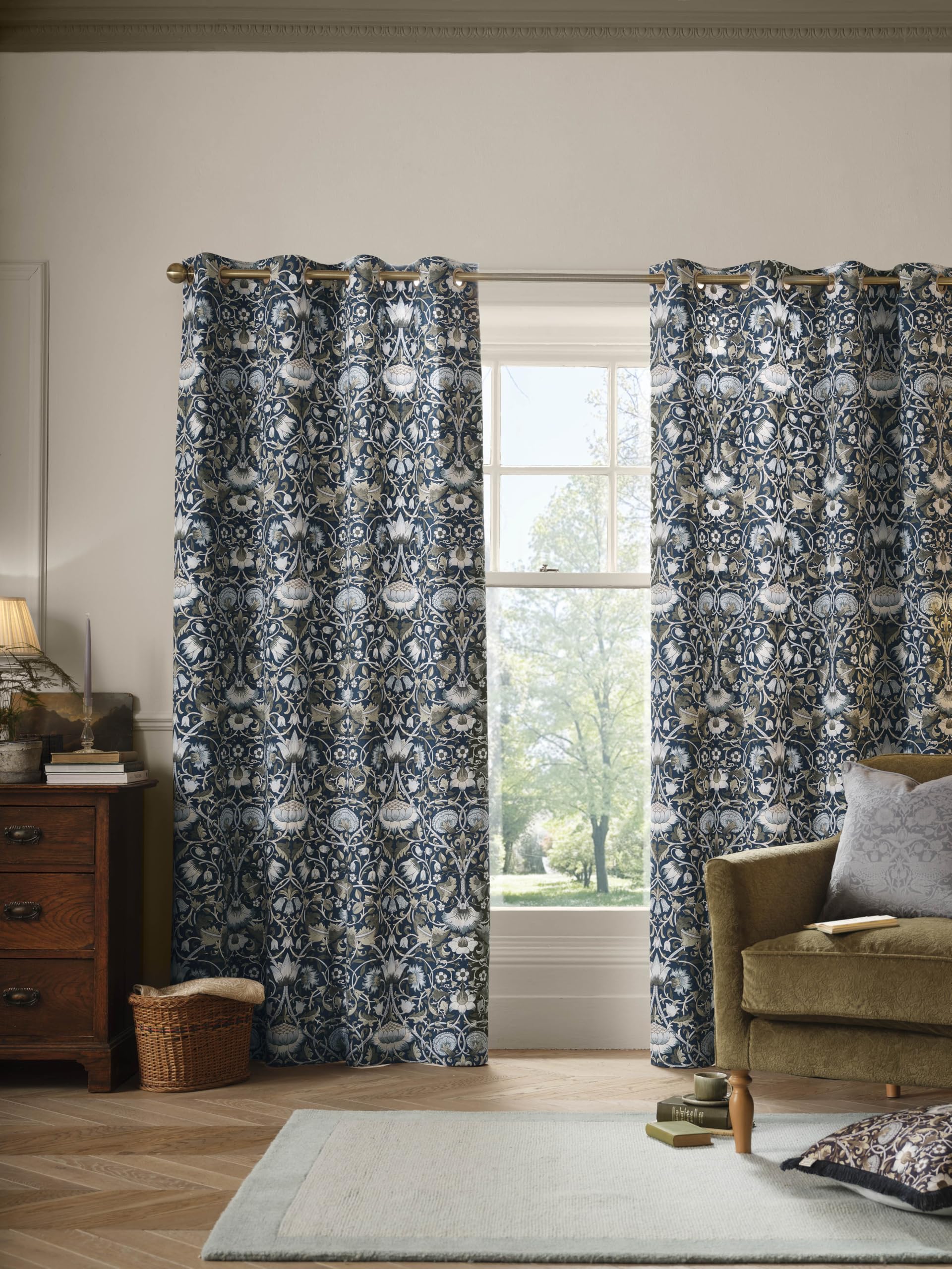 William Morris at Home Lodden 100% Cotton Eyelet Lined Curtains In Prussian Blue - 66"x72" (168cmx183cm)