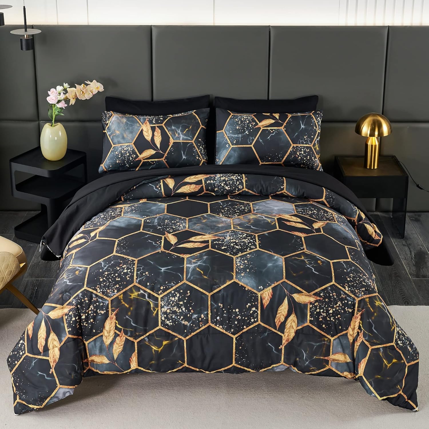 ANGIYUIN Geometric Black Queen Comforter Set, 7 Pieces