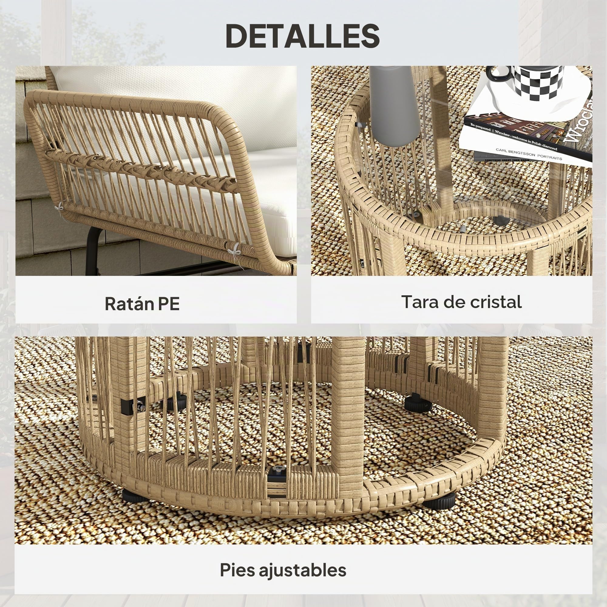 Outsunny Conjunto Jardín Exterior de Ratán con Cojines Conjunto Terraza Resistente a la Intemperie Muebles Jardín Exterior con Sofá de 2 Plazas Chaise Longue y Mesa de Tablero de Vidrio Templado Crema