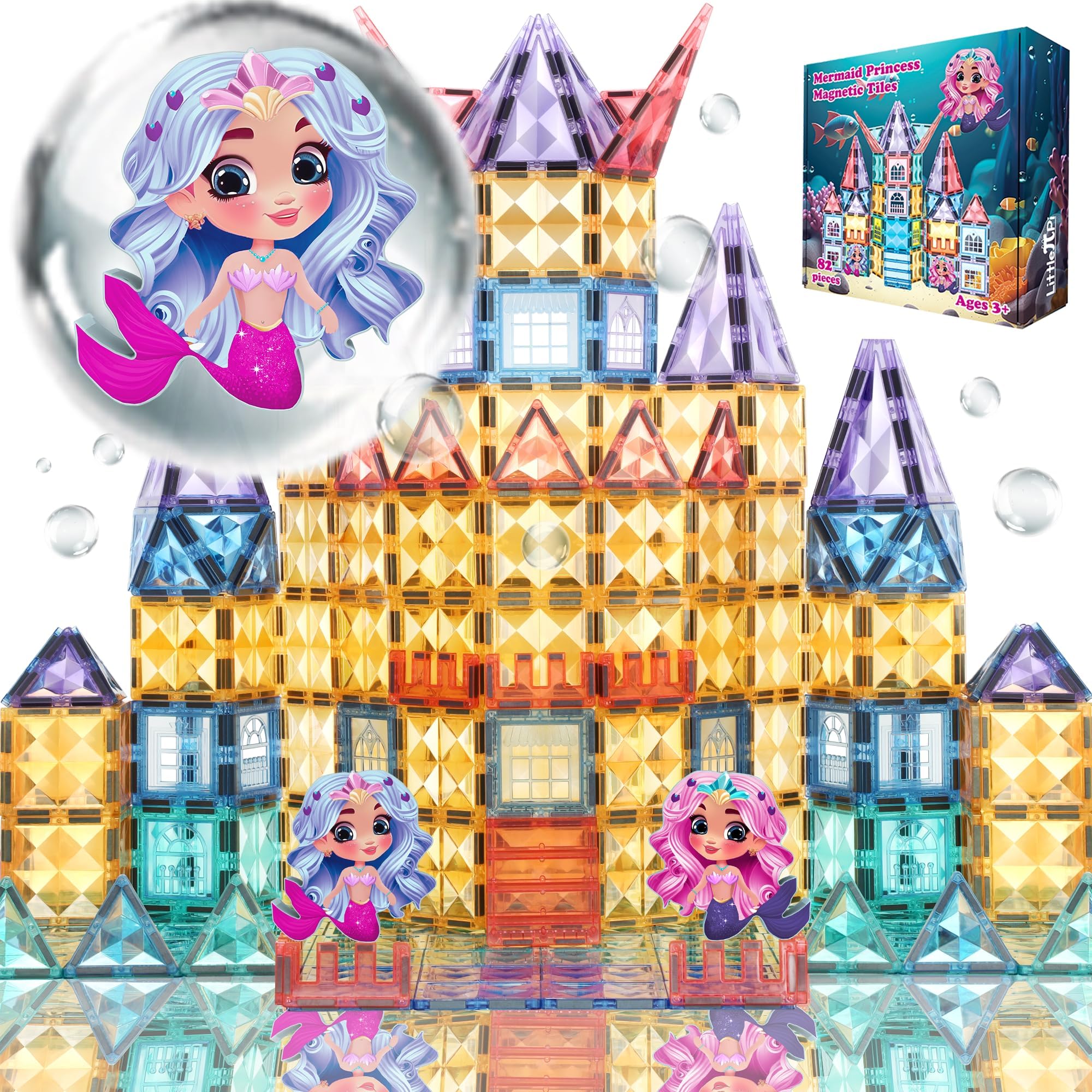 - Little Pi Mermaid Princess Magnetic Building Blocks Castle - Magnet Tiles Doll House - Educational Stem Playset Toddler Toys - Birthday Gift for Kids Age 3 4 5 6 7 8 Year Old Girls & Boys