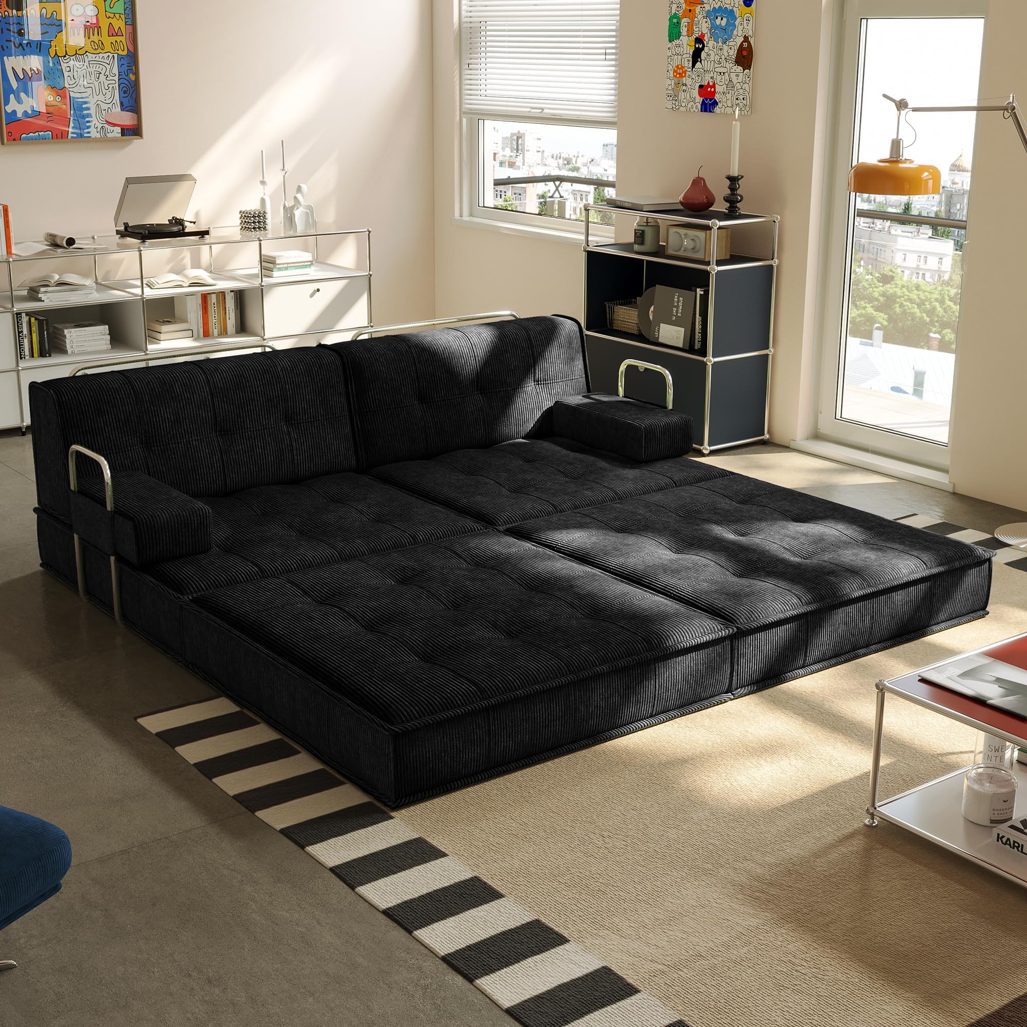 6 in 1 Schlafsofa 160x100cm,Klappbare Matratze 200x160cm mit festem Rahmen, Bequemer Ausklappbarer Futon, 4-Sitzer Gästesofa modularer Loveseat für Wohnzimmer (Schwarz)
