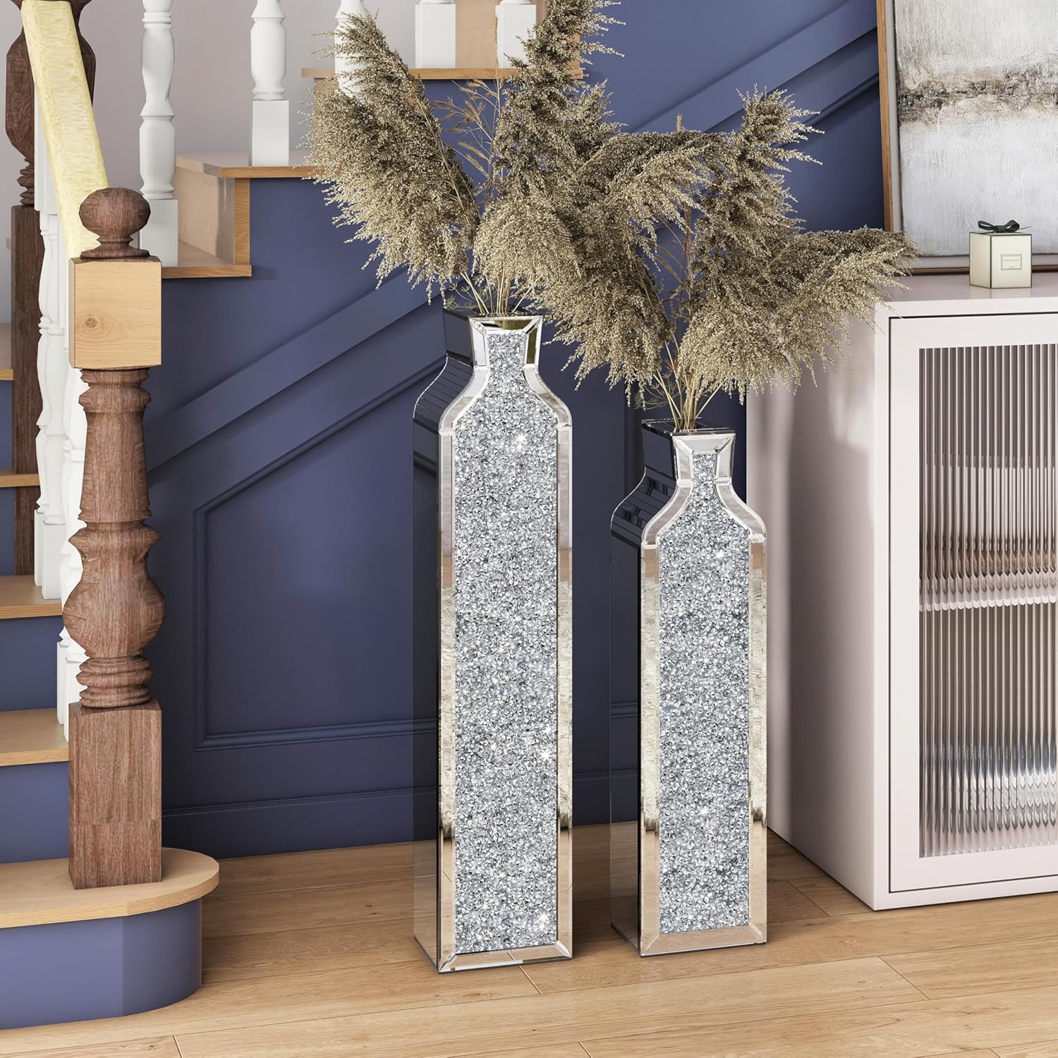 SHYFOY Floor Vase Crushed Diamond Mirrored Vase - Silver Floor Standing Vases Set of 2-24" & 30" Large Crystal Tall Vases for Living Room Dining Bedroom Home Corner Hallway Indoor Office Floor - Image 2