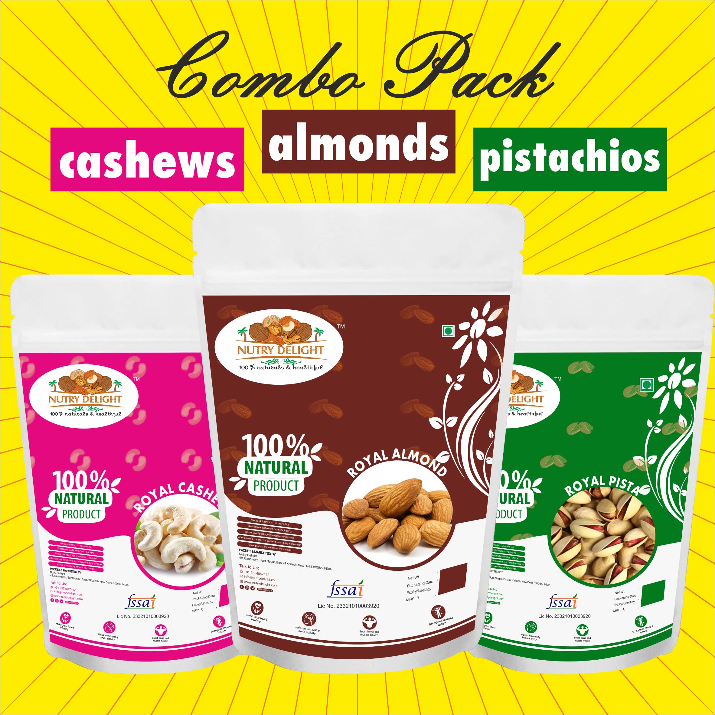 NUTRY DELIGHT Royal Dry Fruits Combo Pack - 250 gms Each Total Weight 750 gms (California Almonds & Cashews, Pistachios ) - (Jumbo Pack of 3)