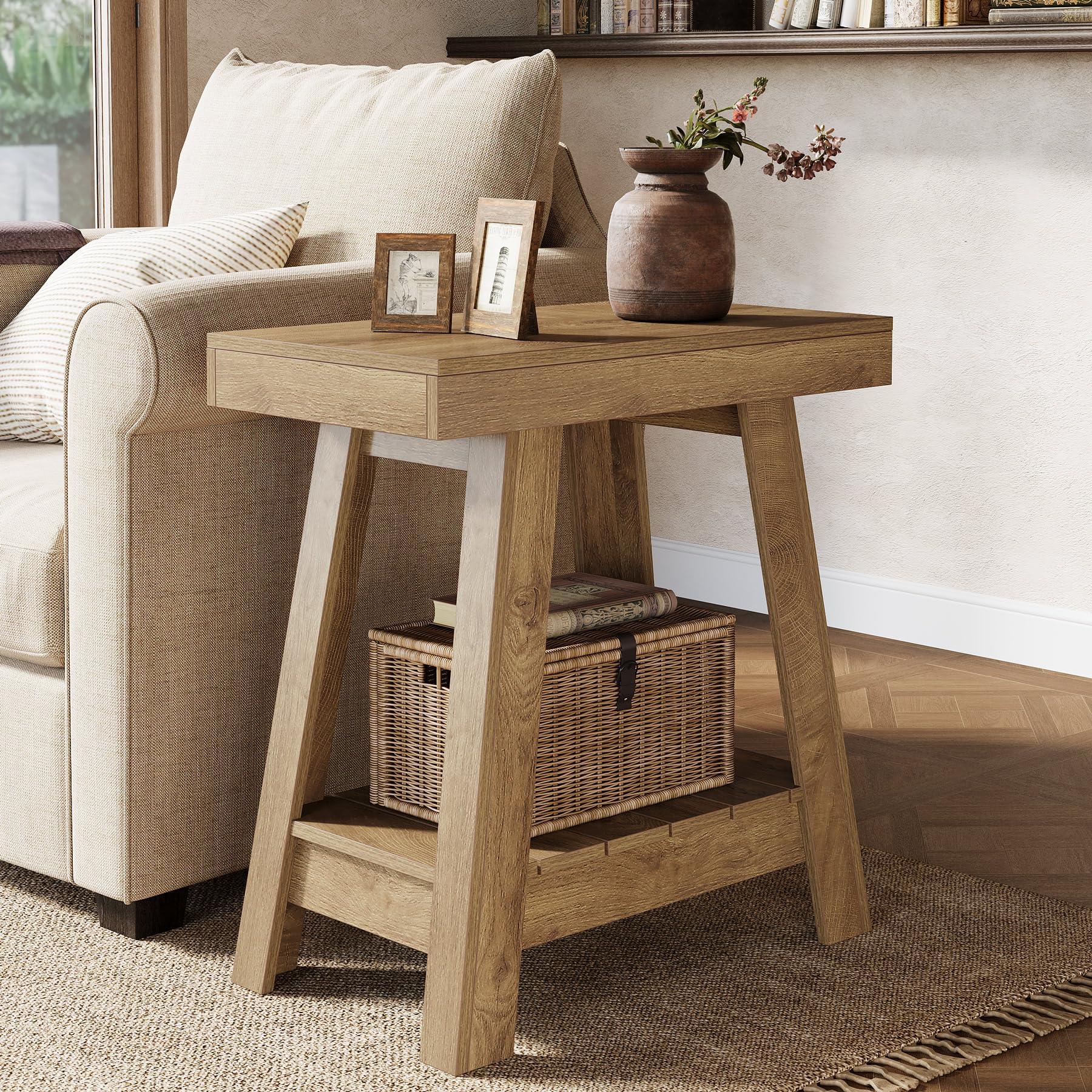 Tribesigns 2-Tier Wooden End Table, Farmhouse Style, Rustic Grey, Small Sofa Side Table with Storage, Slim Nightstand for Living Room, Bedroom, Brown