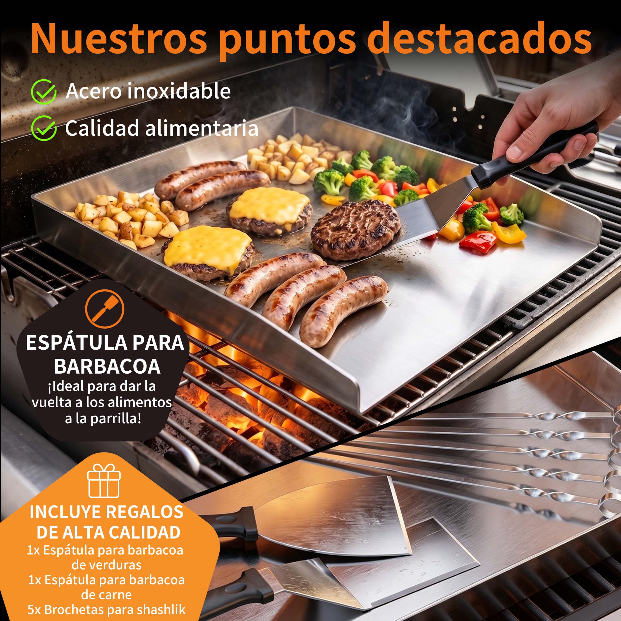Plancha de Acero Inoxidable - Gruesa y Antioxidante, Incluye 2 Espátulas y 5 Brochetas - Para la Mayoría de Parrillas de Gas y Carbón (40x30x4CM)
