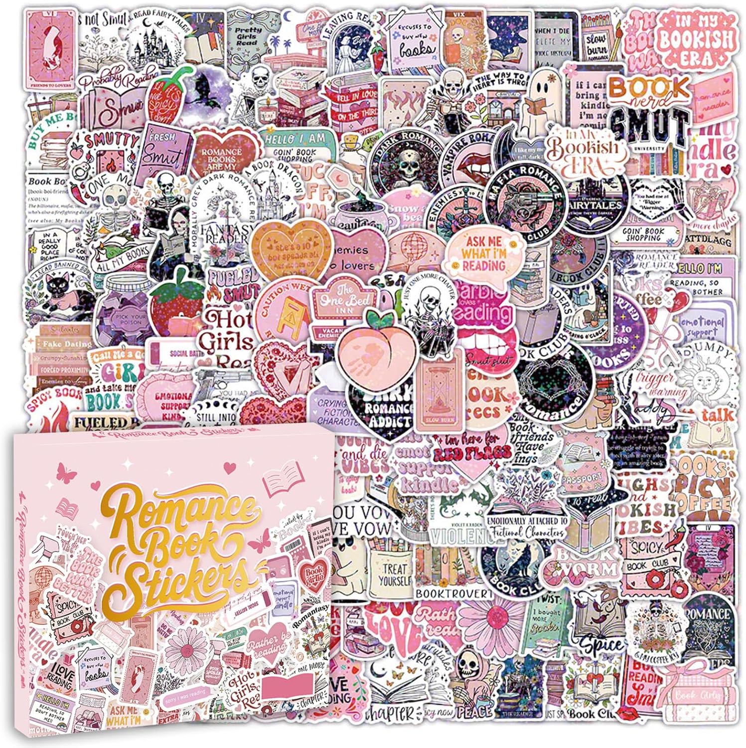 200PCS Romance Bookish Stickers for Kindle, Holographic Waterproof Book Stickers for Water Bottles, Bookish Gifts Set for Adults Reader, Gilltery Reading Decals for Laptop Ebook Pad Journal Scrapbook