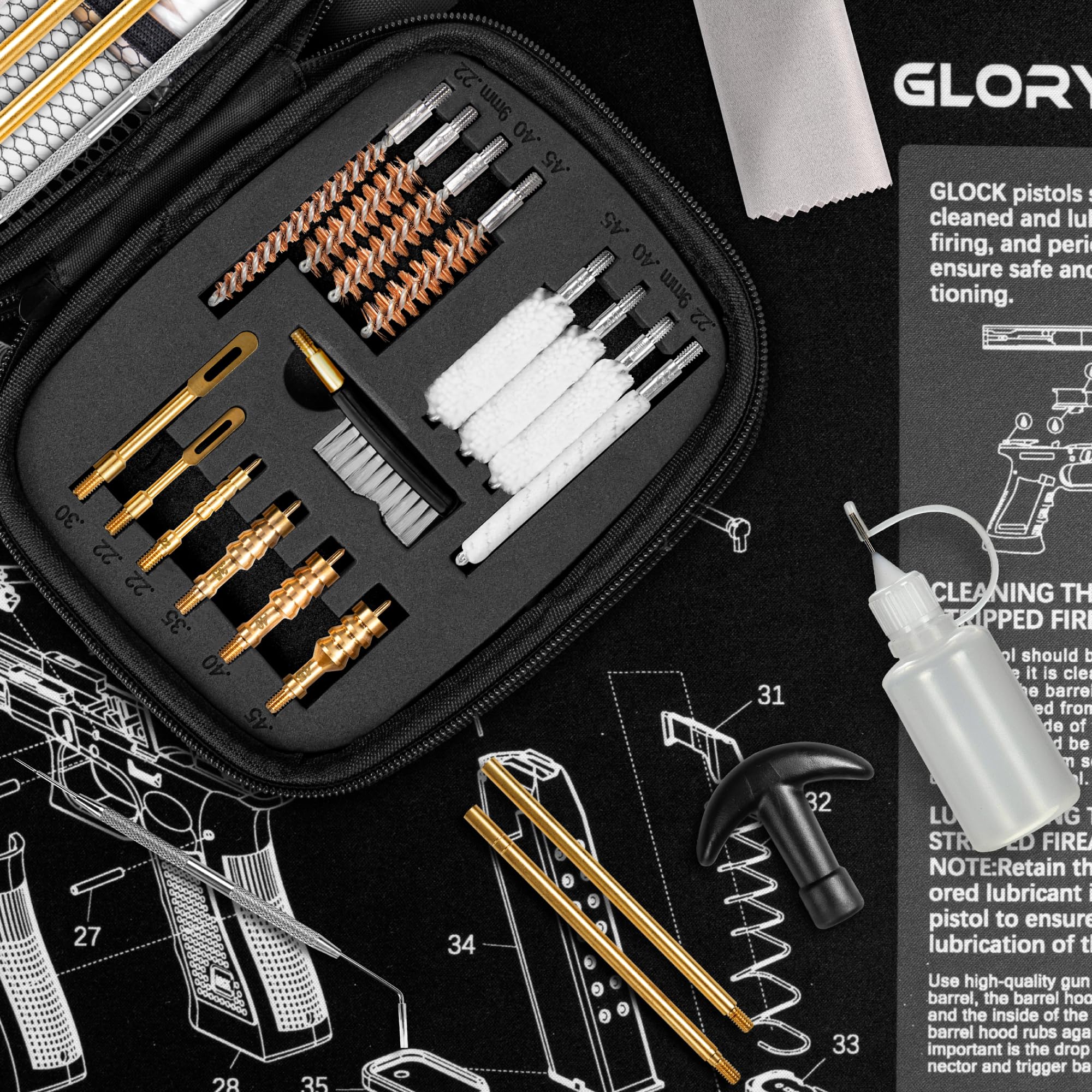 GLORYFIRE Gun Cleaning Kit Handgun Cleaning Kit Pistol Cleaning Kit .22.357/9mm.40.45 Caliber Brass Jags Tips for Hunting Shooting
