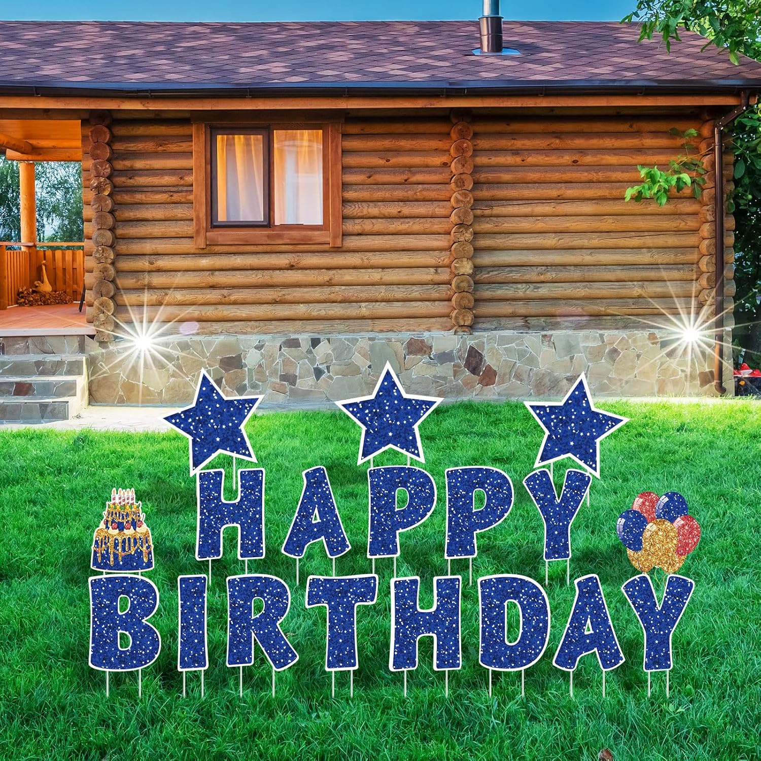 Jetec 18 Pieces Happy Birthday Yard Signs with Stakes, 16 Inches Birthday Outdoor Lawn Signs, Cake Balloon Patio Decorations, Garden Lawn Decorations for Party Outdoor Decor(Blue)