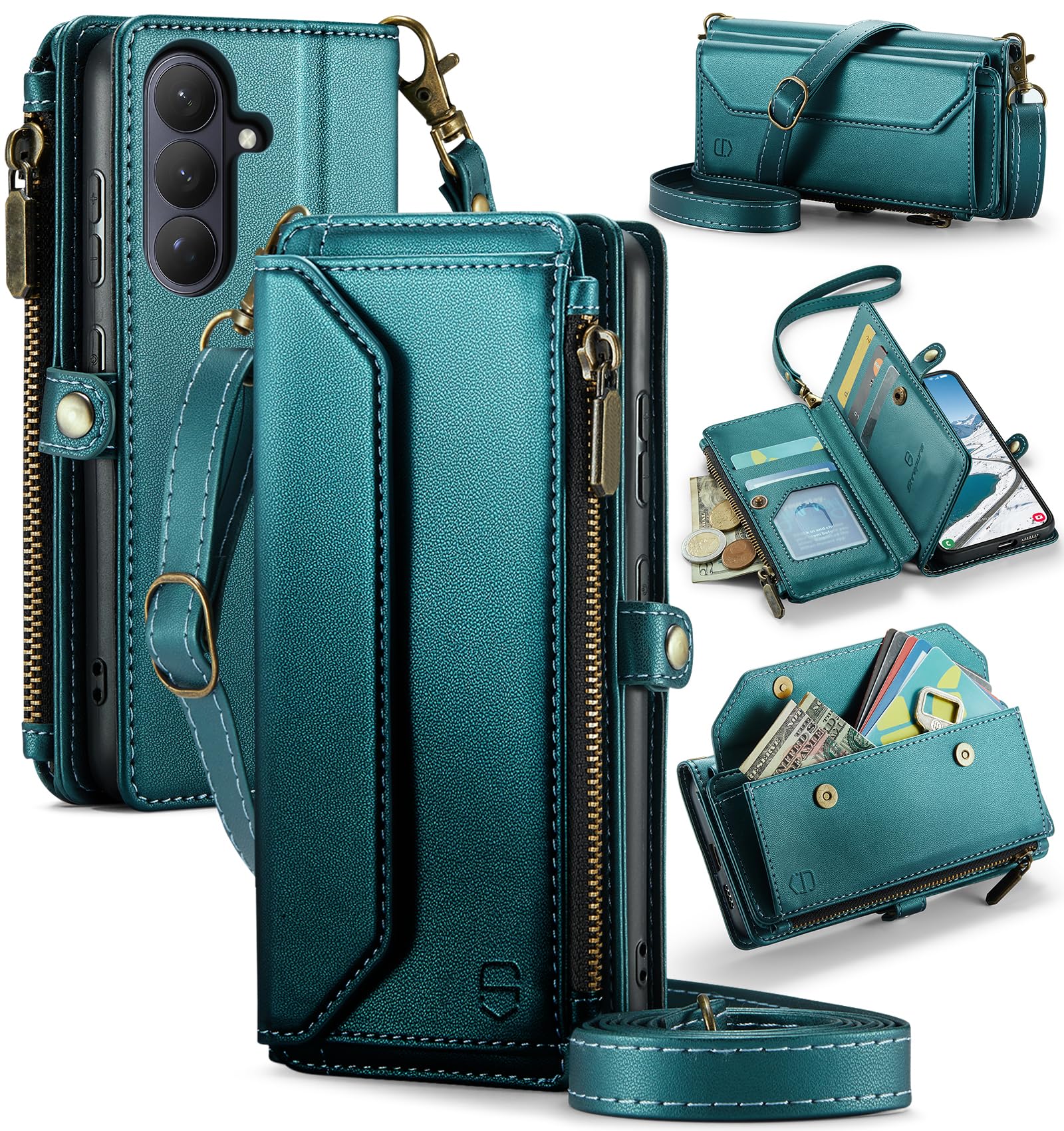 Photo 1 of Strapurs Wallet Case Compatible with Samsung Galaxy S26 5G RFID Blocking 10-Card Holder Soft PU Leather Magnetic Snap Shoulder Strap Zipper Pocket Phone Case Fit for Galaxy S26 - Blue Green