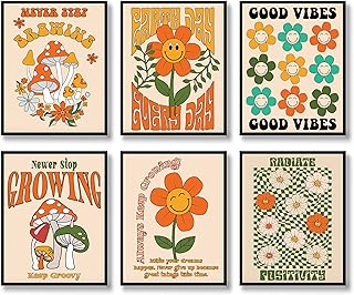 Hippie Wall Art Vintage Wall Decor Prints Set of 6 Hippie Flower Canvas 60s 70s Retro Posters Abstract Minimalist Happy Face Photos Boho Pictures for Living room Bedroom (E, 8"x10" UNFRAMED)