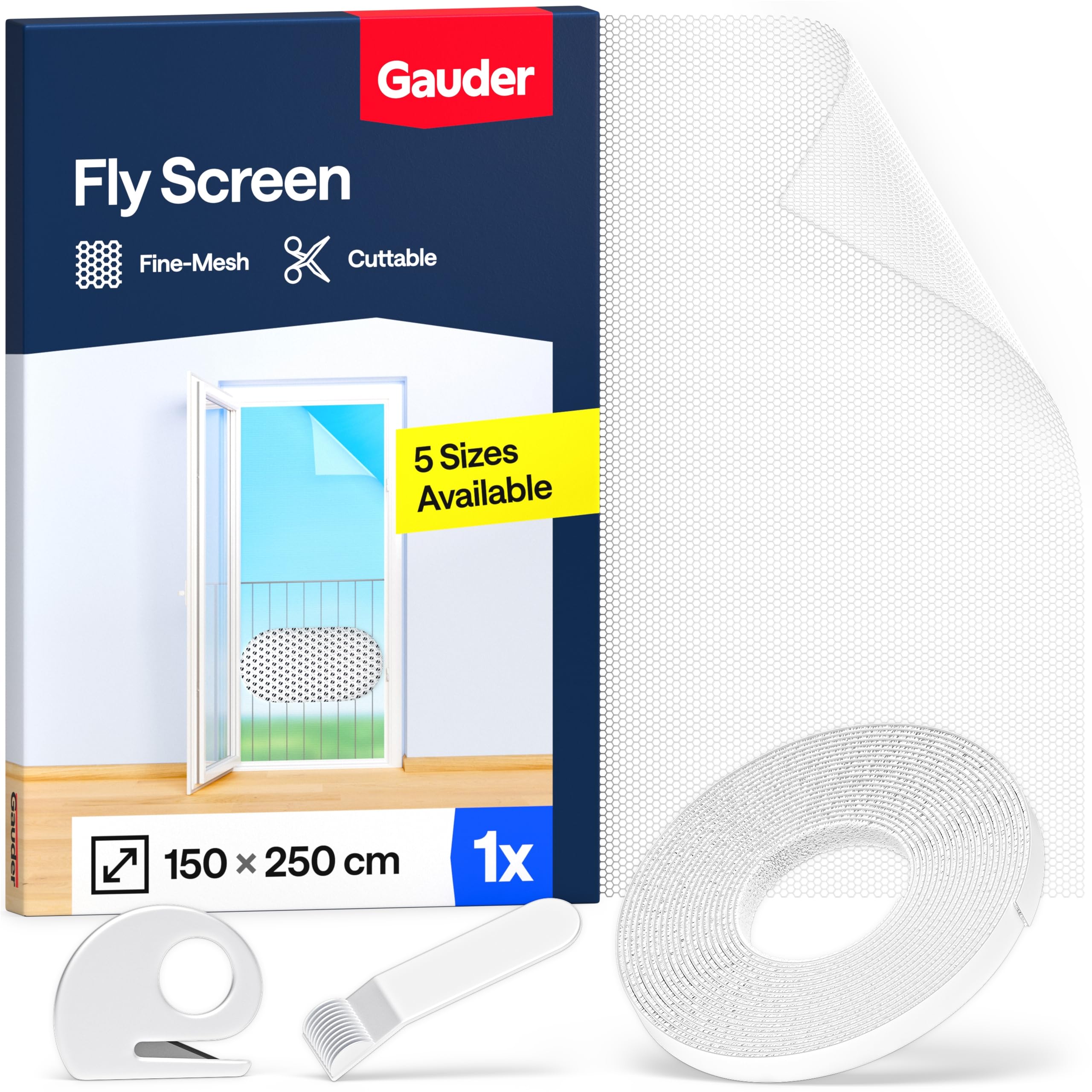 GAUDER Fly Screen for Floor-to-Ceiling Windows - Self-Adhesive Insect Screen for Large Windows - Mosquito Net - Cut-to-Size Fine Mesh Window Bug Net (150 x 250 cm - White)