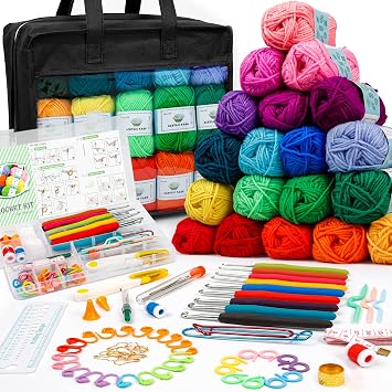 103 PCS Crochet Kit with Crochet Hooks Yarn Set, Premium Bundle Includes 1650 Yards Acrylic Yarn Skeins Balls, Needles, Accessories, Bag, Ideal Starter Pack for Kids Adults Beginner Professionals