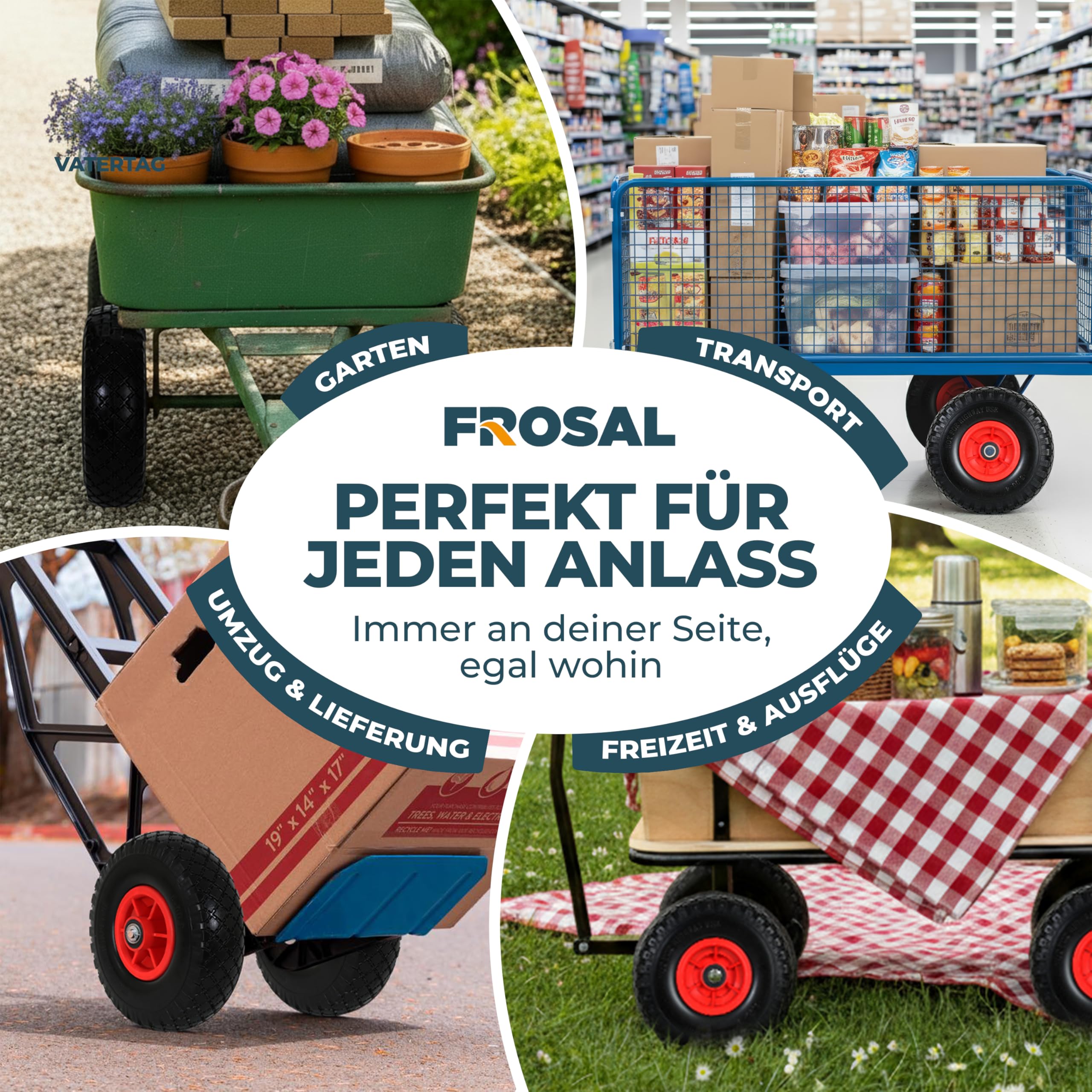 FROSAL 2 x Sackkarrenrad - Vollgummireifen - PU Rad 260 mm 3.00-4 – pannensicheres Ersatzrad für Sackkarre und Bollerwagen – Nabenlänge 60 mm – Achse 20 mm bis 100 kg – geruchsarm & leiser Lauf