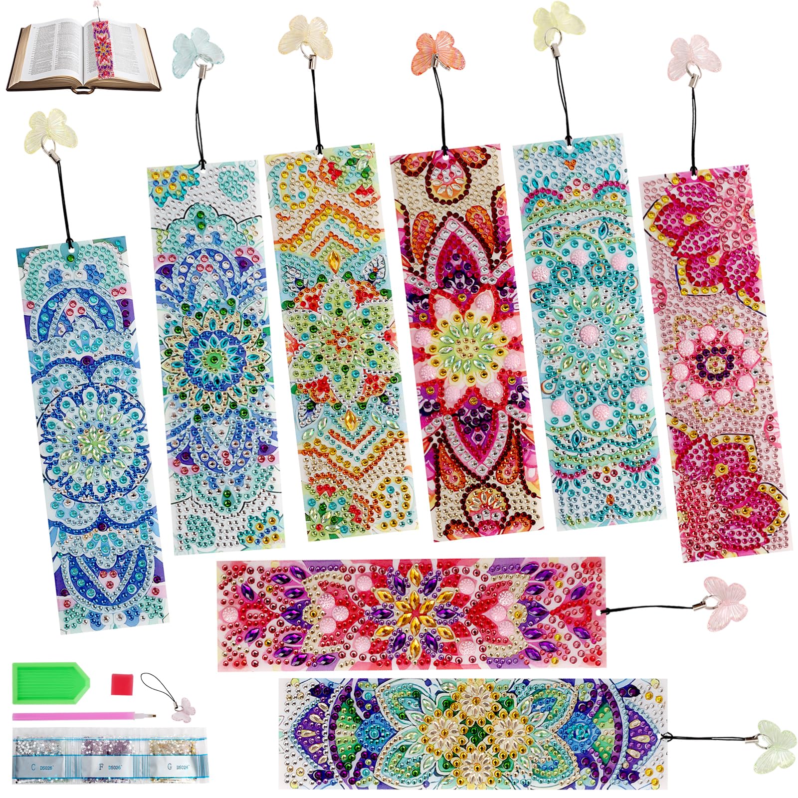 8Pcs Diamond Art Bookmarks, DIY Diamond Painting Bookmarks Kits, with Butterfly Pendants for Book Lovers, Handmade Art Crafts for Women Men (Colorful 1)
