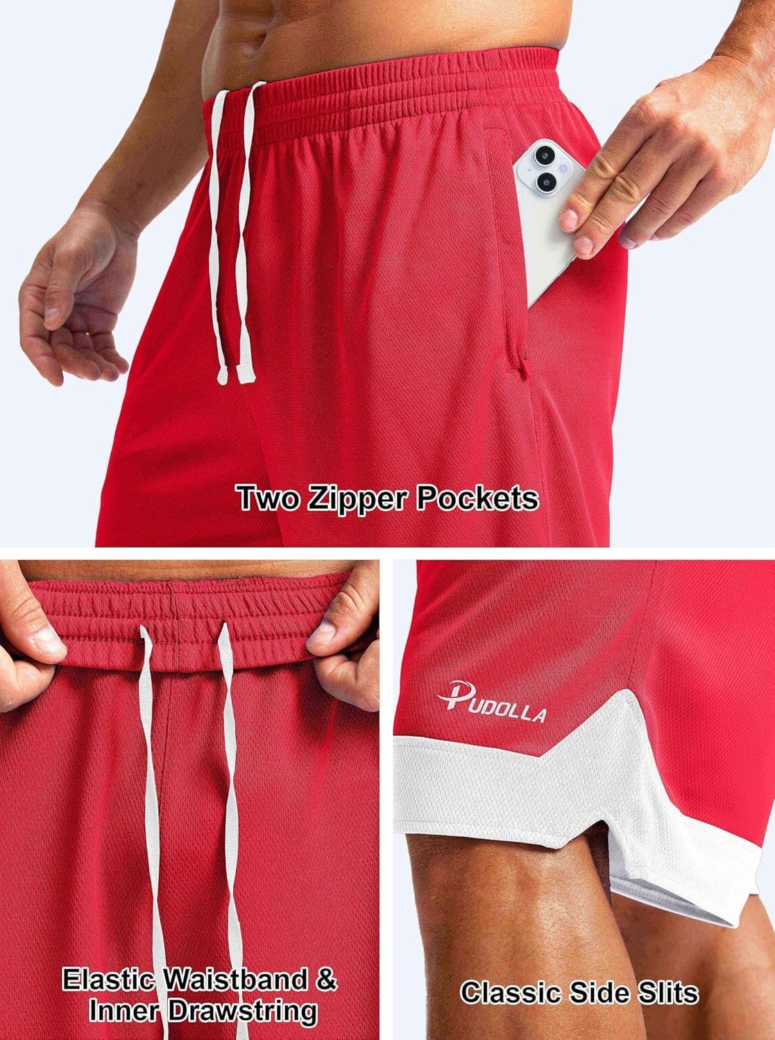 Pudolla Men's Basketball Shorts with Zipper Pockets 11" Long Gym Athletic Shorts for Men Lightweight Quick Dry - Image 3
