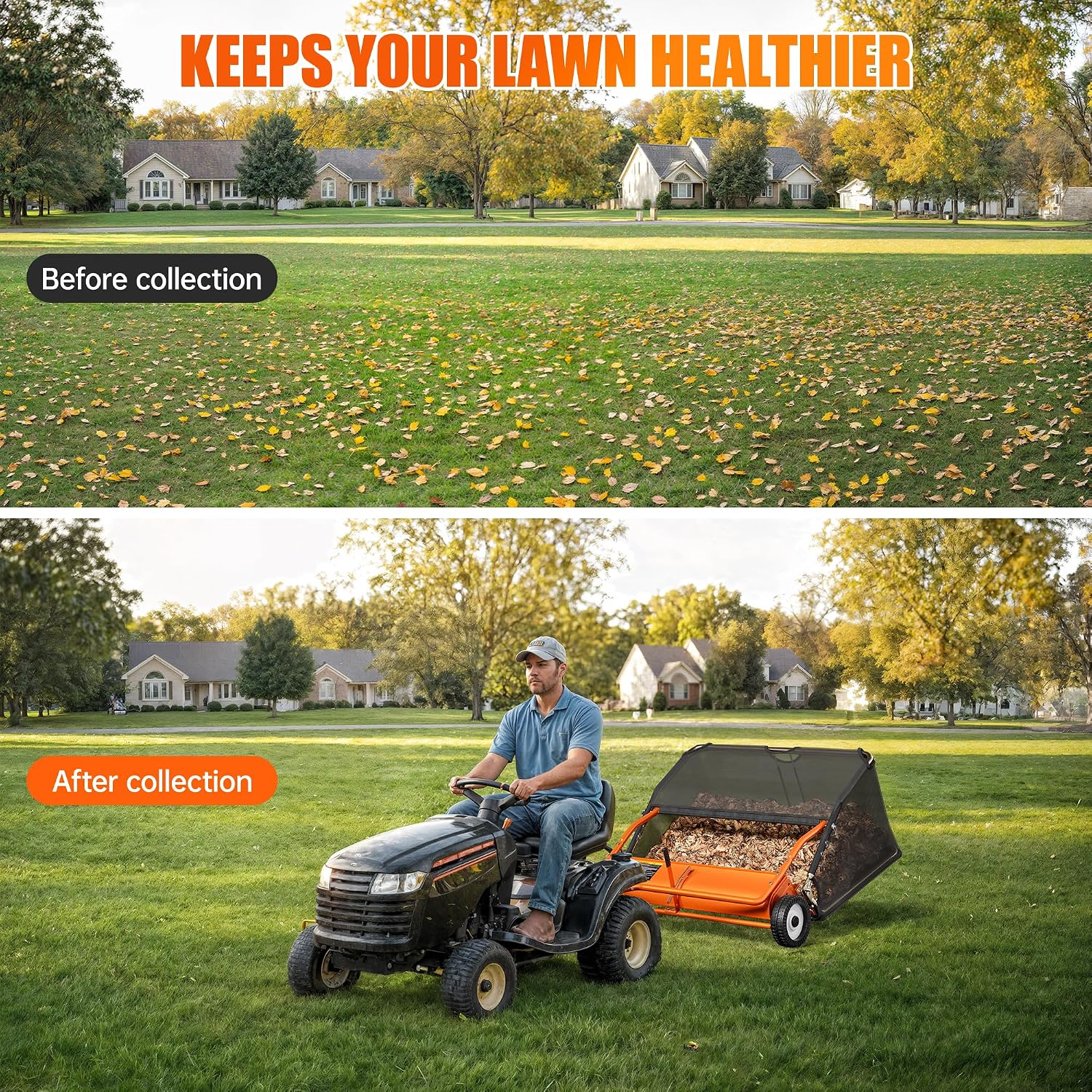 ouluu 42" Orange Lawn Sweeper Tow Behind, Large Capacity Grass Sweeper Tow Behind with 18.55 cu. ft Hopper, Heavy Duty Leaf & Grass Sweeper, Adjustable Height, Easy Dump Rope, Universal Hitch