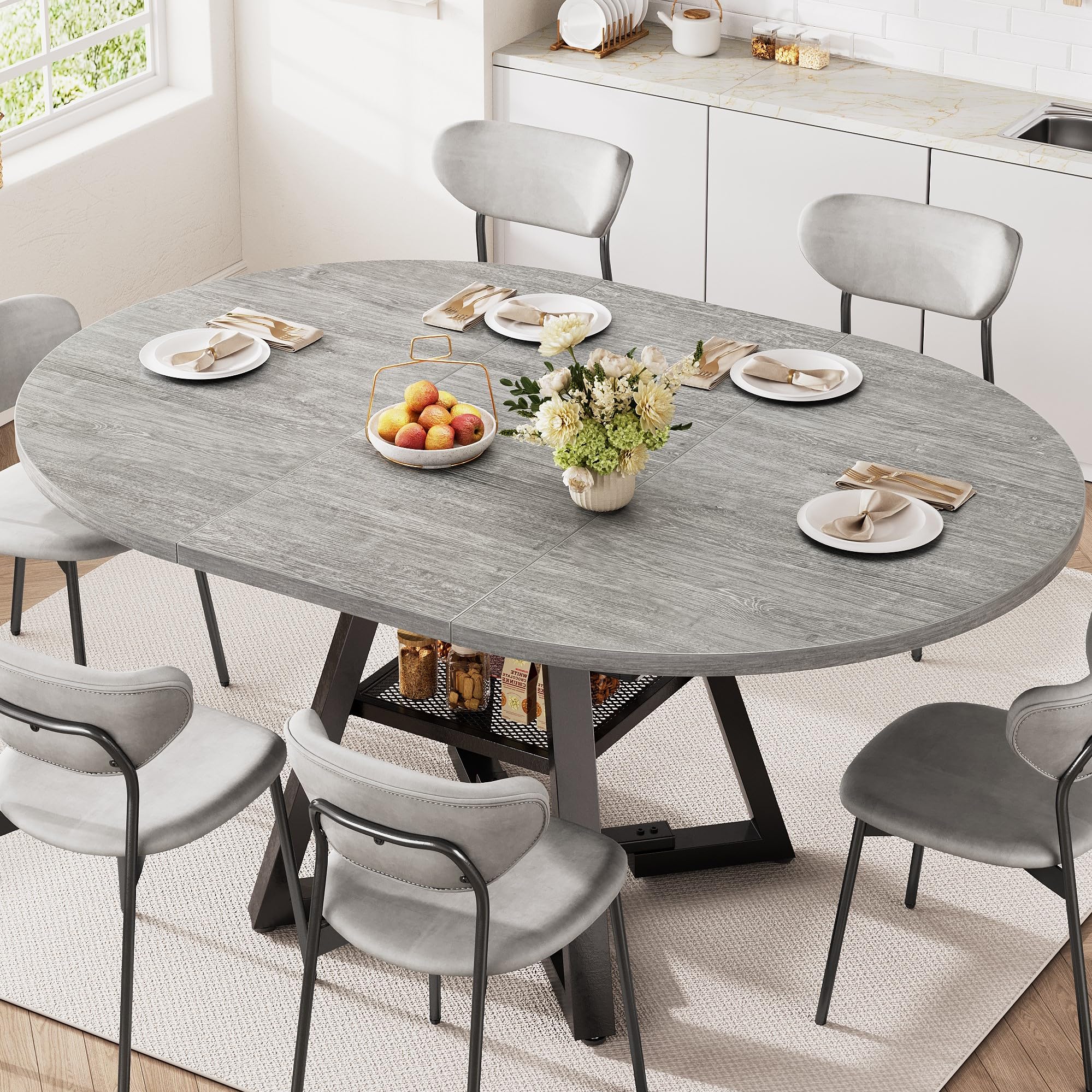 Jocoevol Round Dining Table for 4 6 8, Kitchen Dining Room Dinner Table, Space Saving Extendable Oval Circle Furniture with Pedestal and Storage for