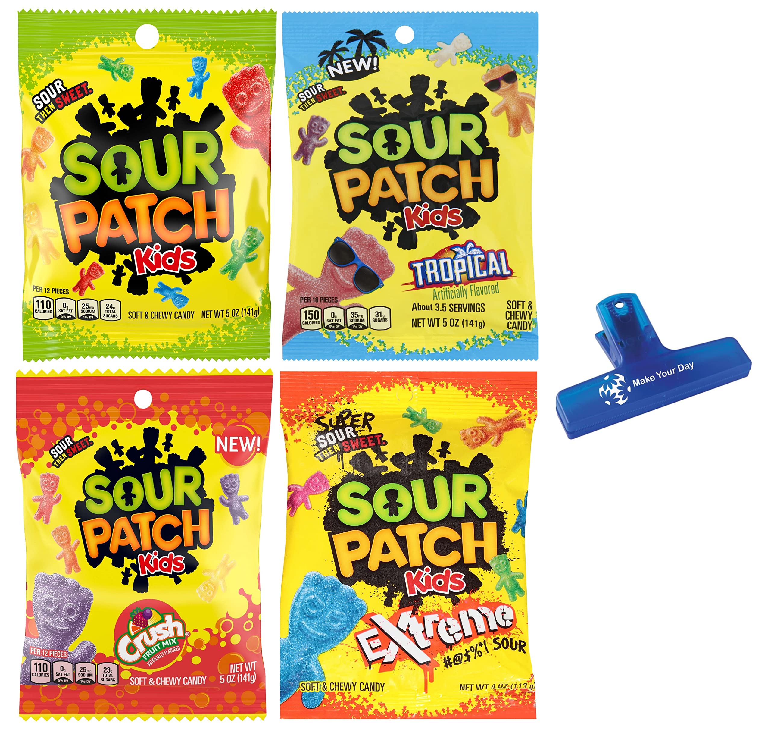 SOUR PATCH KIDS Variety, Original, Crush Fruit Mix, Extreme Sour, and Tropical, 5 Ounce Bags (Pack of 4) - with Make Your Day Bag Clip - 