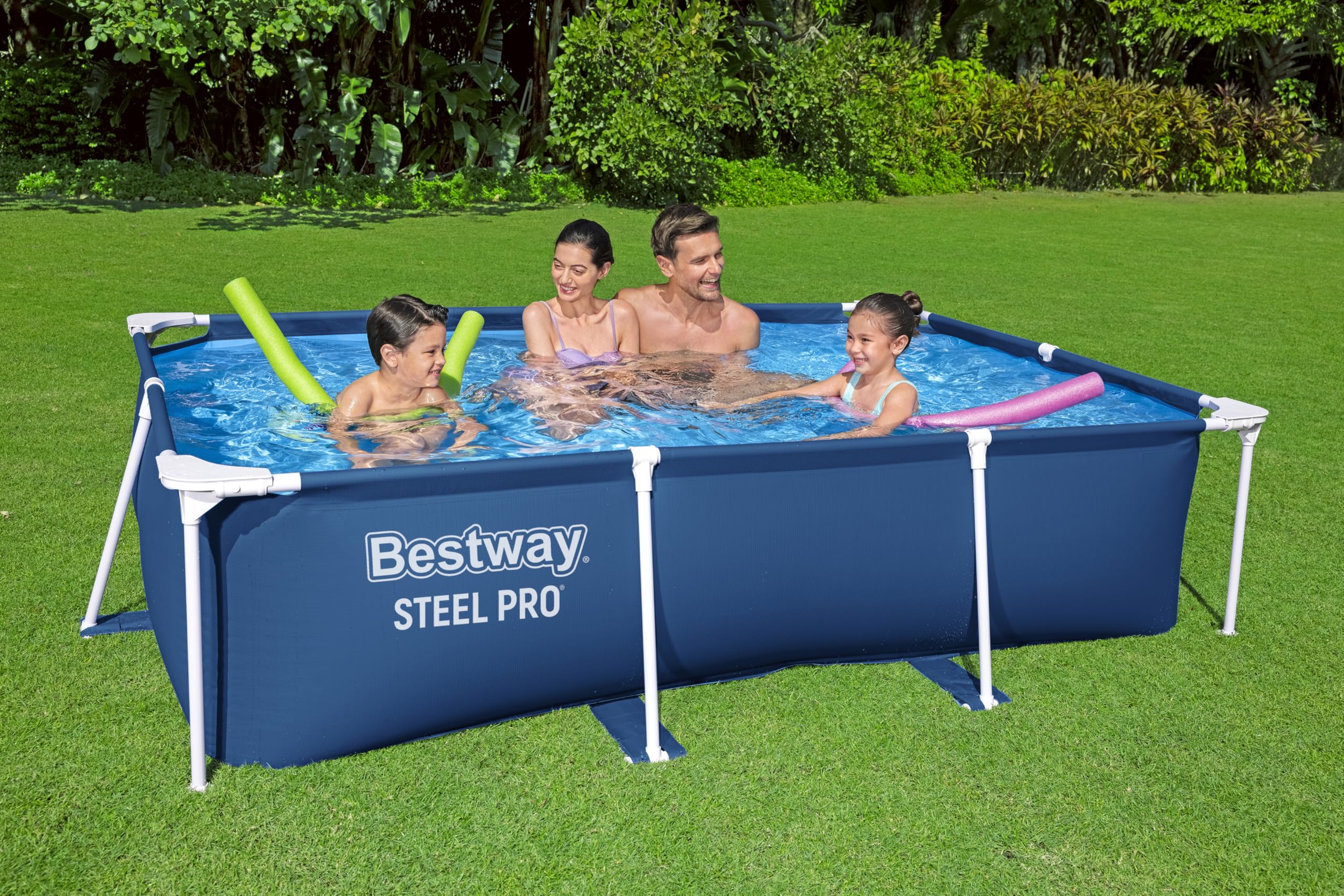 Bestway Steel Pro Frame Pool rechteckig 259 x 170 x 61 cm 2.300 Liter TriTech-Material FrameLink System korrosionsgeschützter Stahlrahmen dunkelblau