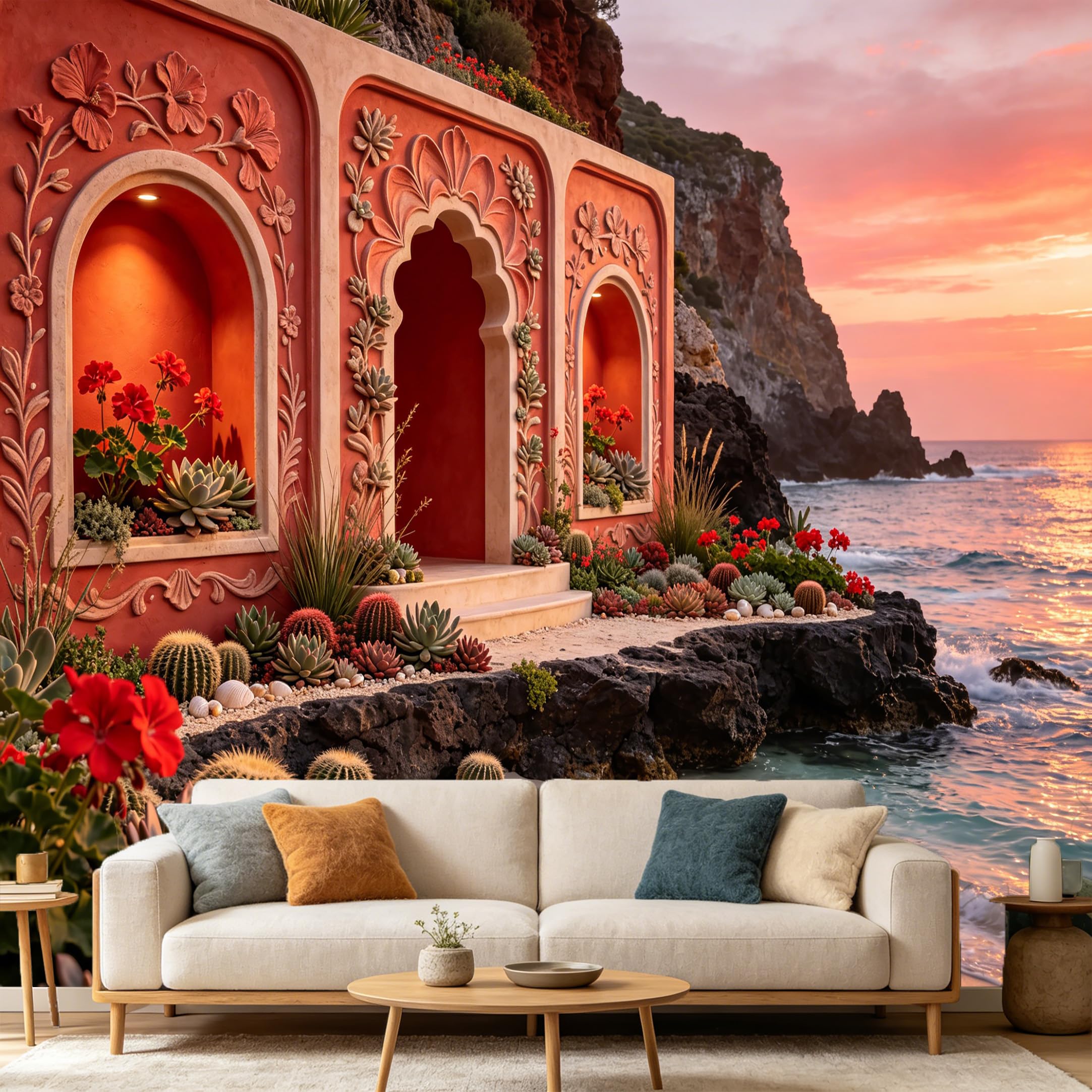 Custom Size Wall Mural， Mediterranean Moroccan Arch Coastal Cactus Succulent Ocean Sunset， SelfAdhesive Art Prints wall Fabric Removable Large Wallpaper Home Living Room Decor