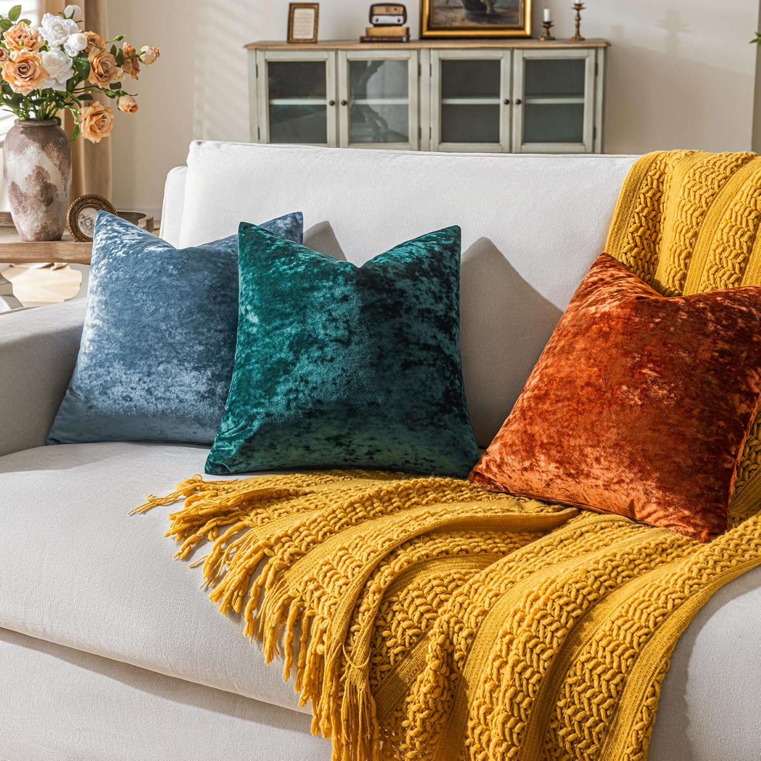 Set of 2 Rust Red Decorative Velvet Throw Pillow Covers 22x22 Inches, Soft Neutral Accent Pillow Cases with Vintage Textured Farmhouse Couch Cushion Covers for Luxurious Home Decor