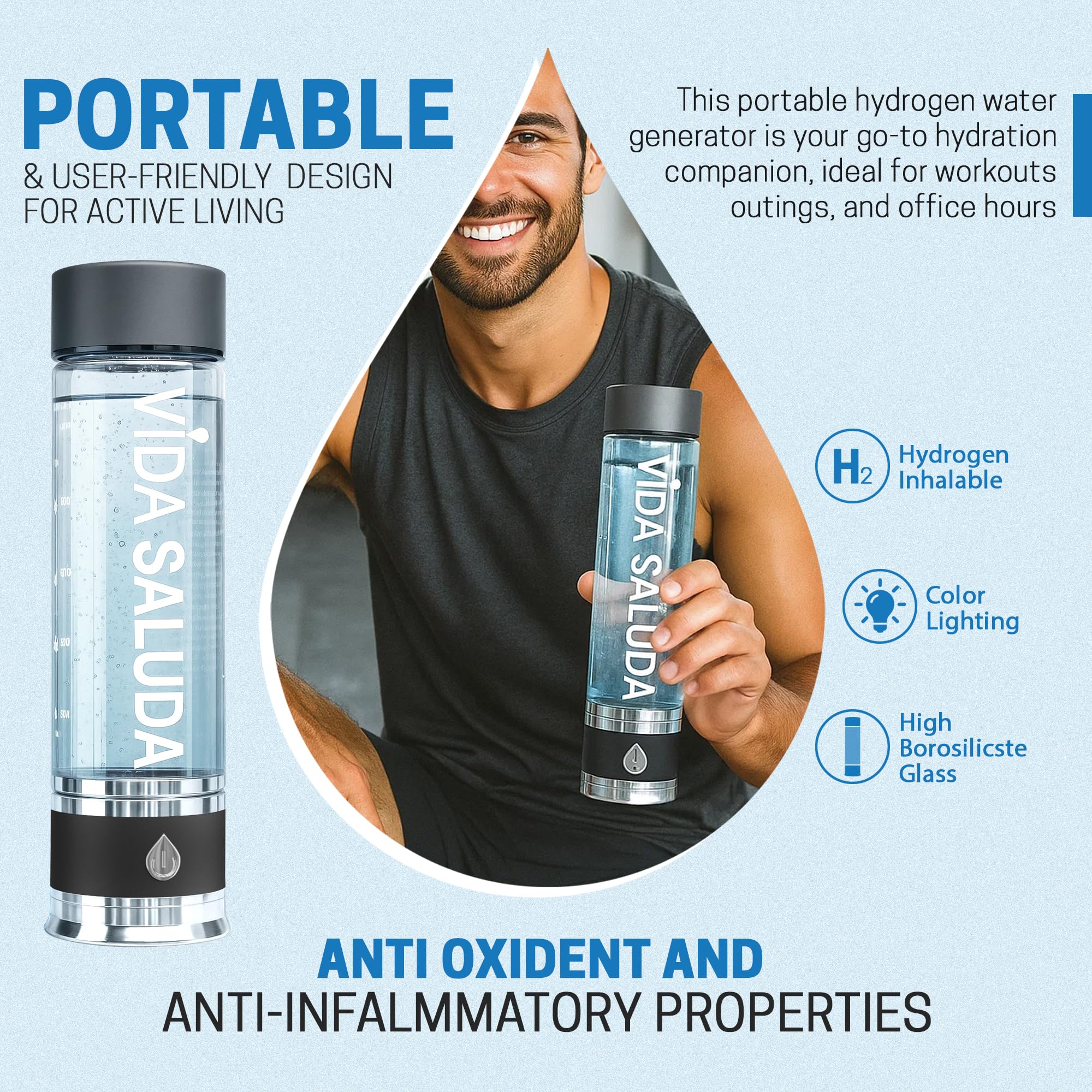 Generador de botellas de agua de hidrógeno, menos de 3 minutos recargable, máquina purificadora de agua de hidrógeno de 500 ml, electrodo de titanio y platino, para casa, oficina, viajes,