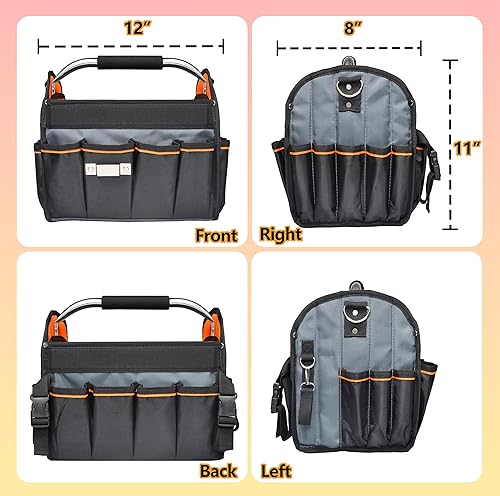 Miniatura 9 de Bolsa de herramientas para electricista de 12 pulgadas, poliéster balístico 1680D, 34 bolsillos, parte superior abierta, bolsas de herramientas
