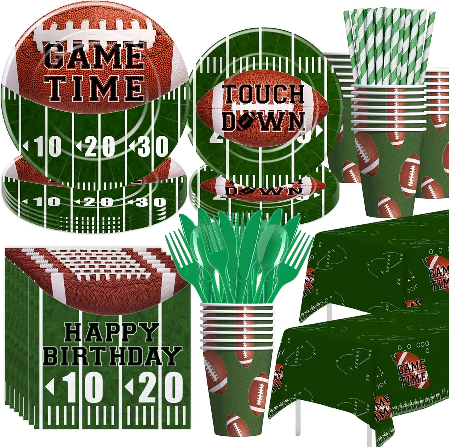 Football Theme Birthday Party Supplies - Football Birthday Party Decorations Tableware, Plates, Cups, Napkins, Tablecloth, Cutlery, Straw, Super Bowl Birthday Decorations Dinnerware | Serve 24