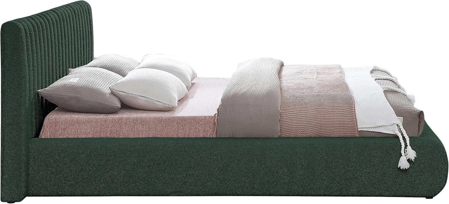 Meridian Furniture NashGreen-Q Nash Collection Modern | Contemporary Boucle Fabric Upholstered Queen Bed with Rich Green Boucle Fabric and Deep Channel Tufting, 74" W x 91" D x 38" H, Green, Queen
