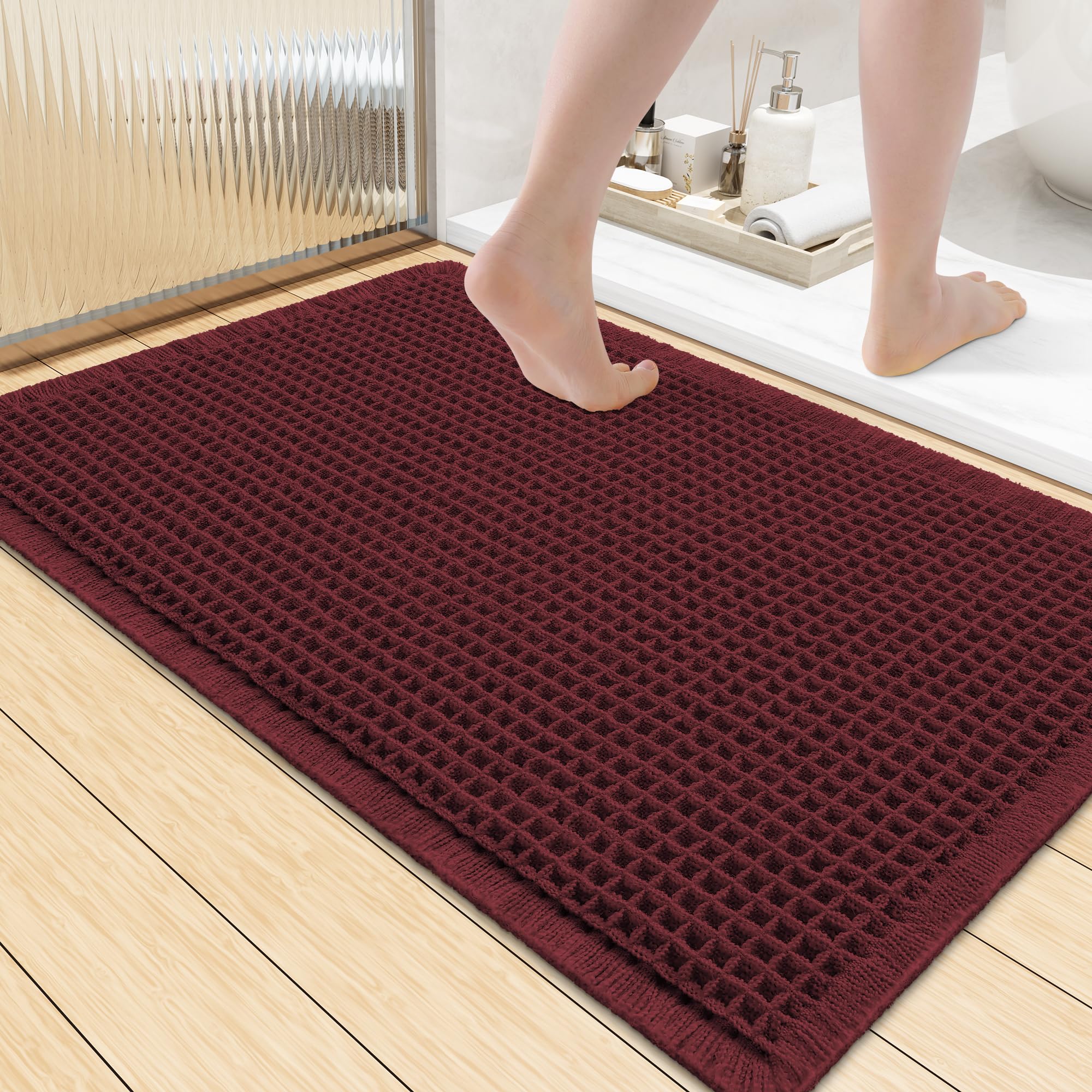 Smiry Waffle Bath Mat 36X24, Extra Soft Absorbent Bathroom Rugs, Burgundy