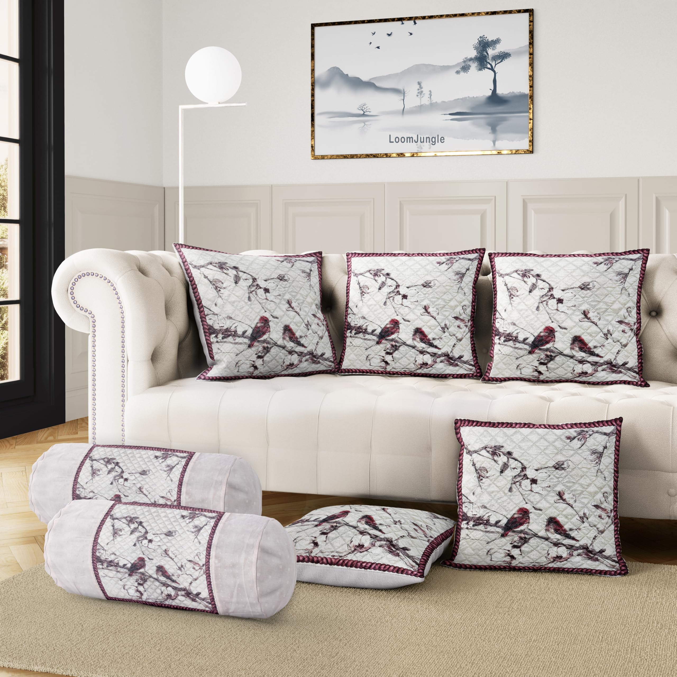 Maroon 5 Cushion Covers and 2 Bolster Covers (16x16 & 32x16 Inch) | Bird Quilted Covers Combo - Masnad Cover Set Pairs, Traditional Baithak Seating, Takiya Cover, Boho Style Decor-image-13