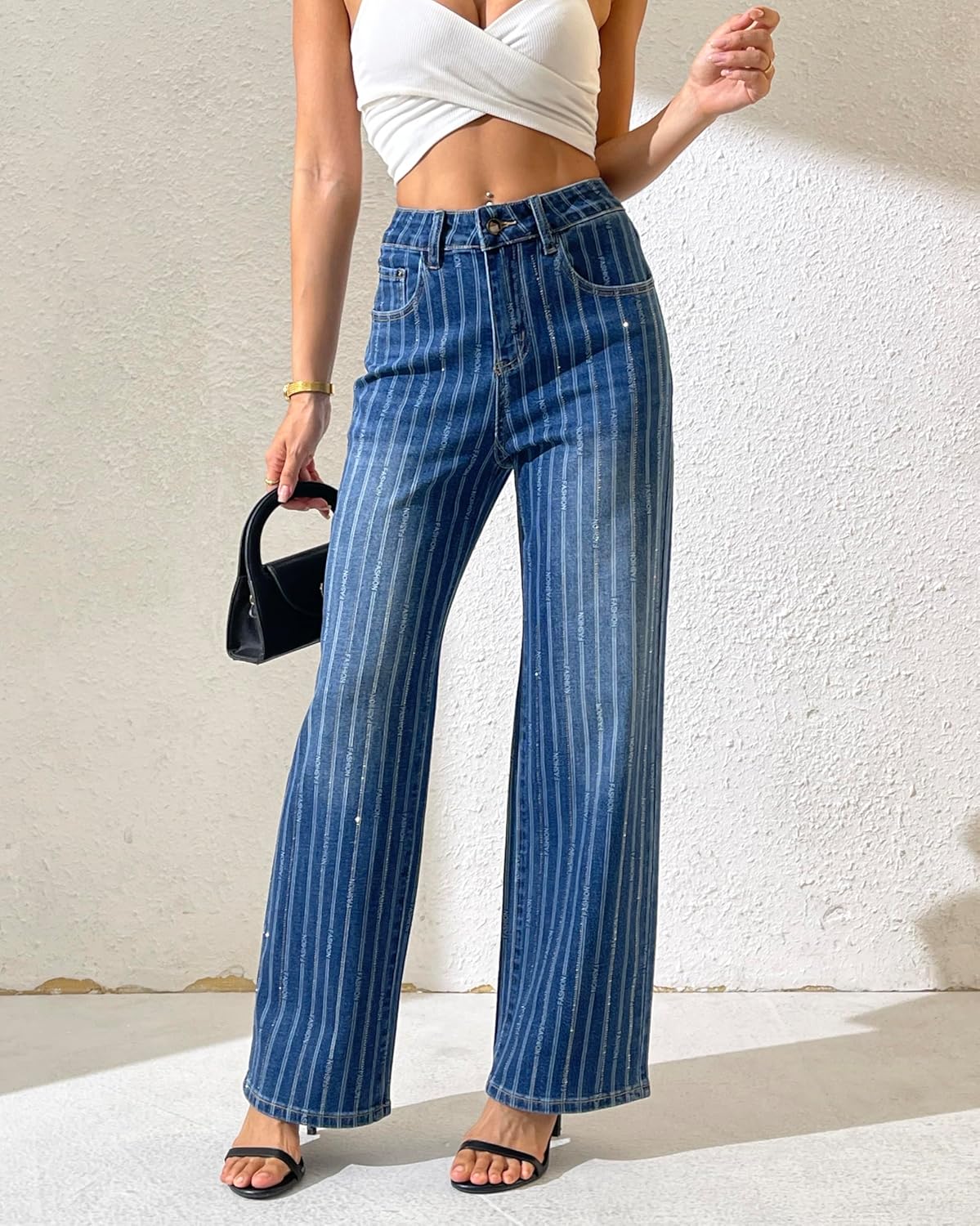 heipeiwa Women's Stripes Rhinestone Jeans High Waist Wide Leg Denim Pants Sparkle Shiny Sequin Trouser - Image 4