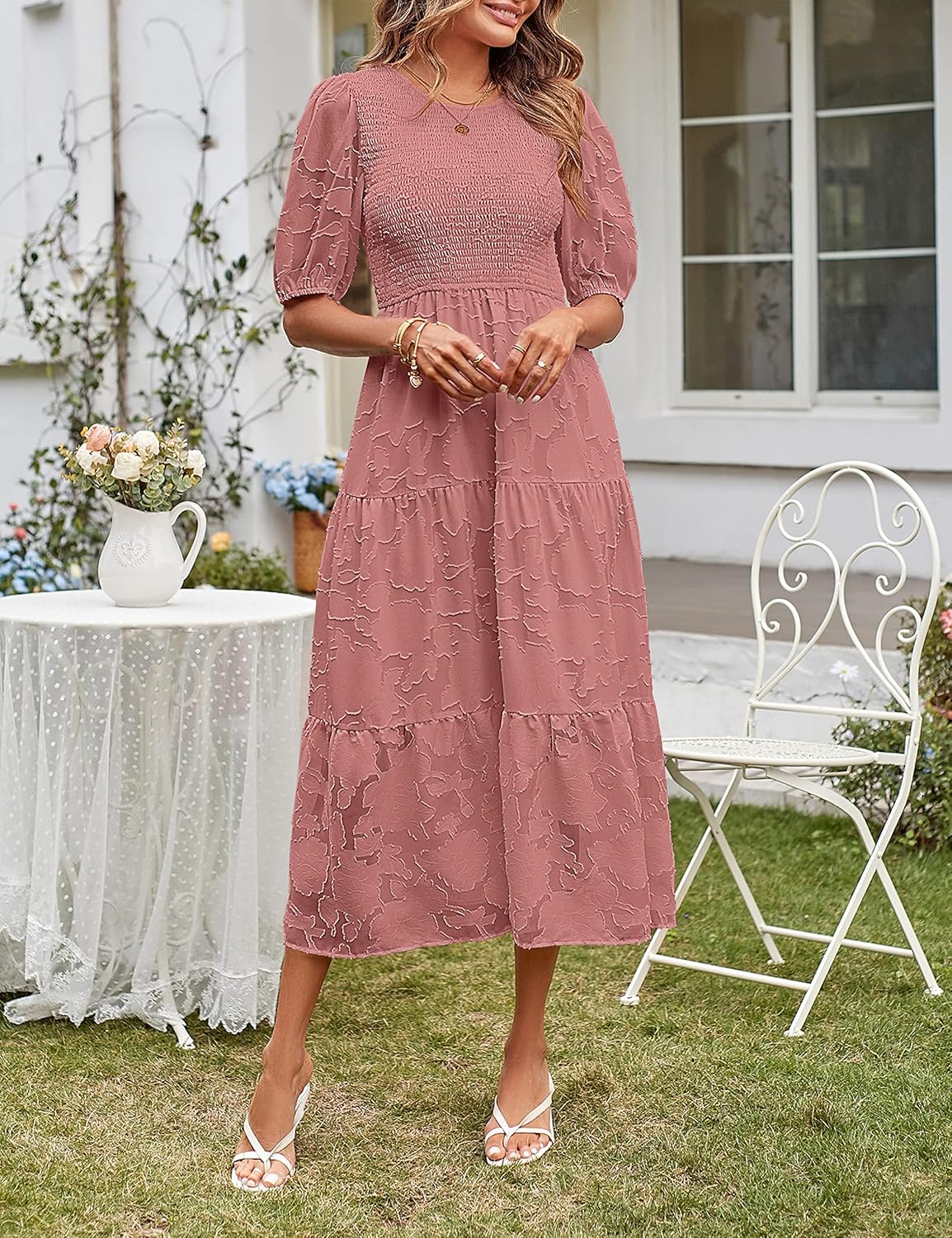 MEROKEETY Women's 2025 Summer Puff Sleeve Smocked Floral Dress Crewneck Lace Flowy Tiered Midi Dresses - Image 3