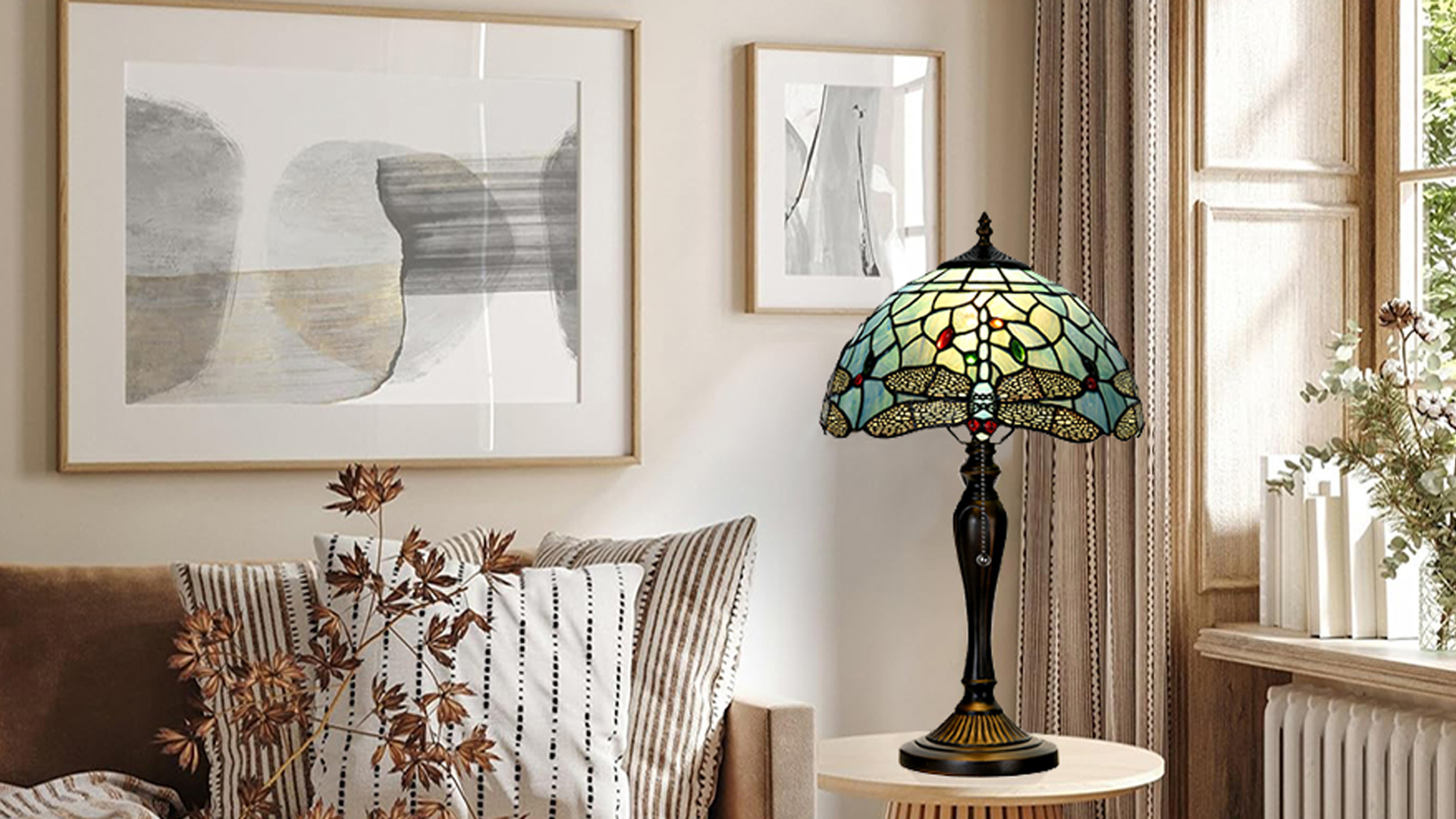 Image of TL0023 Tiffany Style Dragonfly Table Lamp Stained Glass Blue Shade Reading Desk Light 12 X 20 Inches for Bedroom Living Room Home Office, Vintage Handcrafted Accent Decor, LED Blub Included
