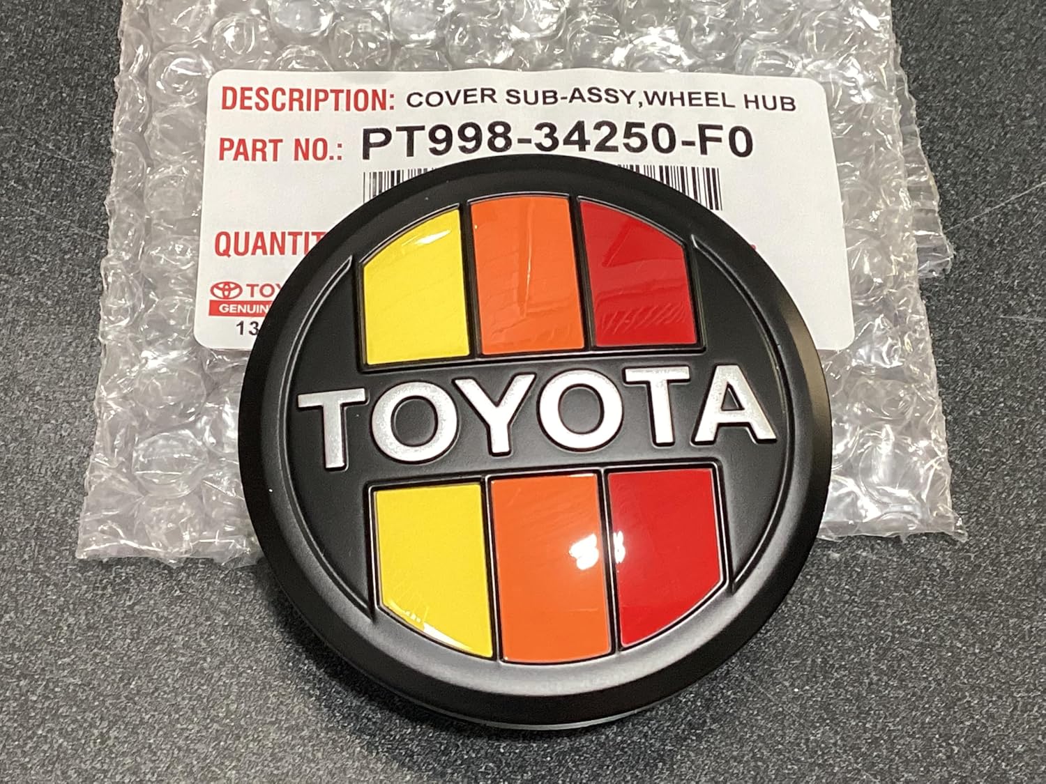 Toyota TRD Tri-Color Wheel Hub Center Cap, 84mm, Black with Logo, PT998-34250-F0
