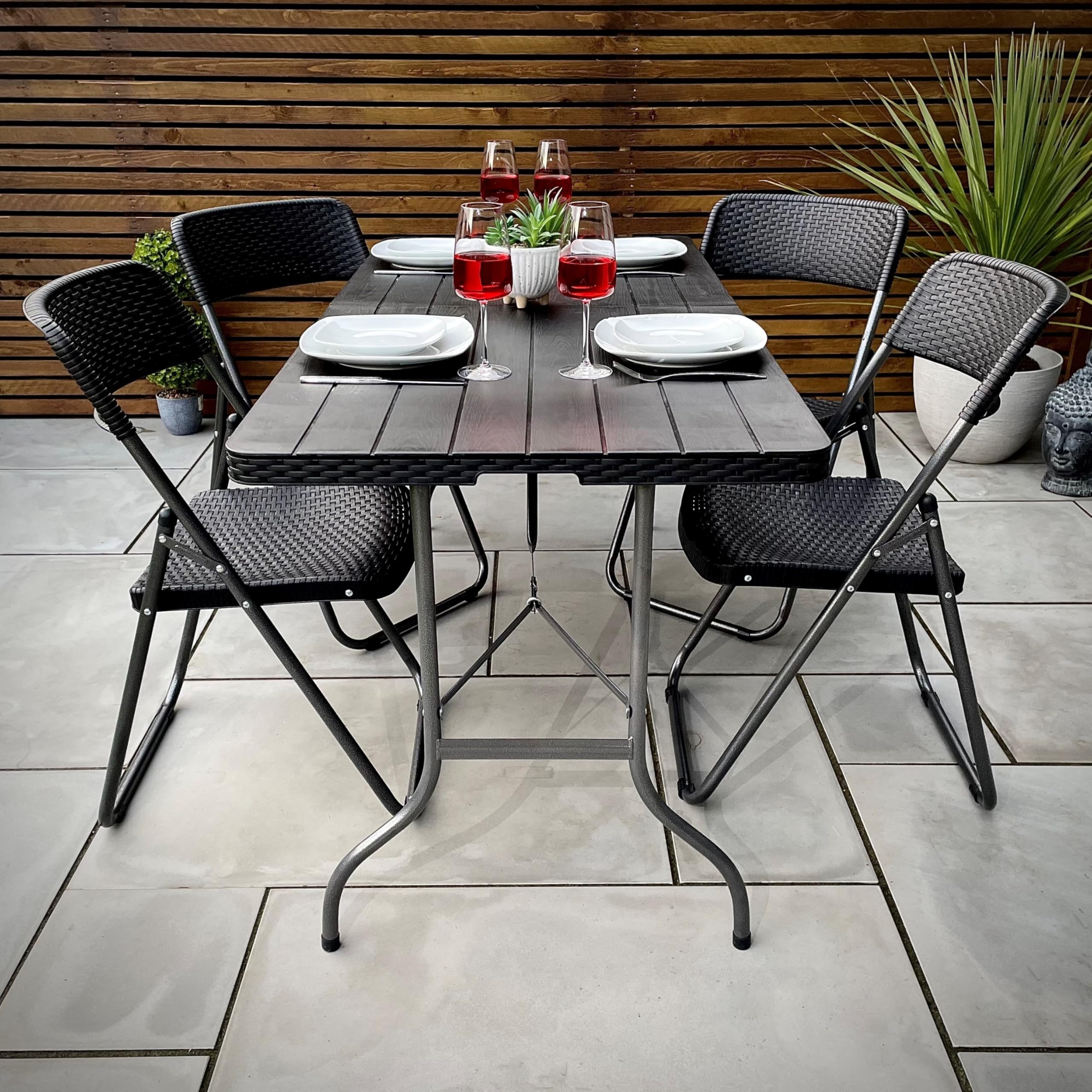 Garden Gear Folding Plastic 5ft Table & 4 Chairs Set, Rattan & Wood Effect, Outdoor Dining Garden Patio Seating Dining