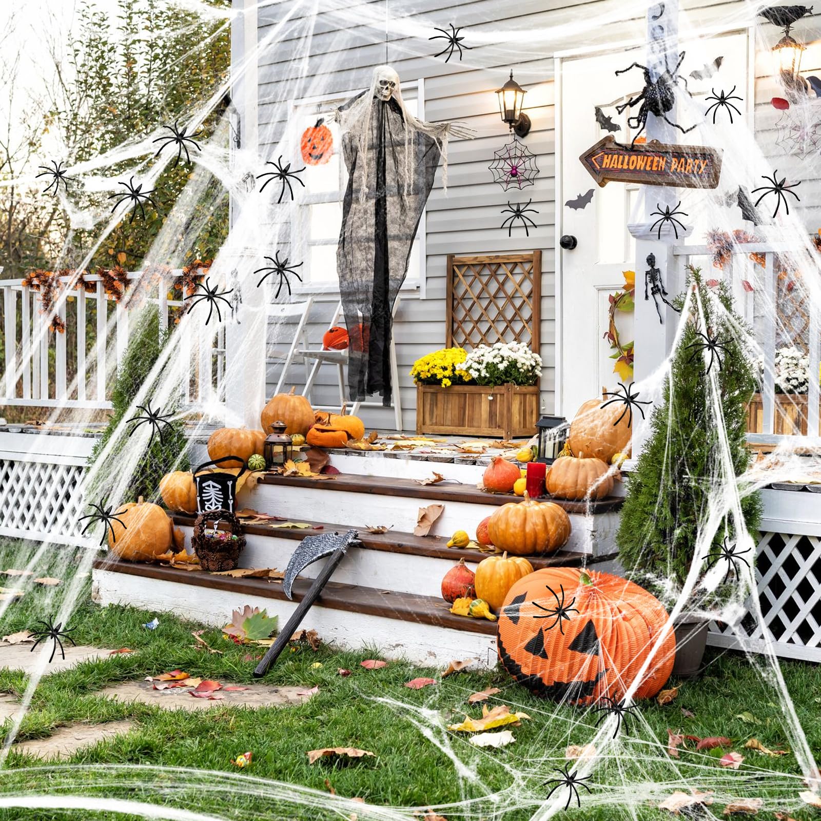Telaraña Halloween Con 50 Arañas - 200g Tela Elástica, Decoración Terror, Reutilizable Para Fiestas