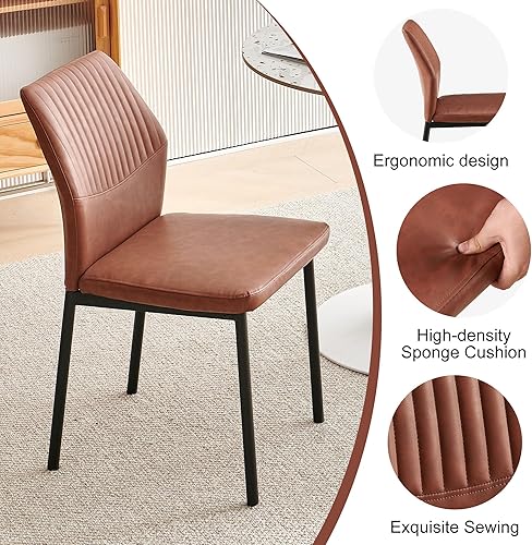 Miniatura 5 de Juego de 4 sillas de comedor de piel sintética marrón, cómodas sillas de cocina tapizadas sin brazos con patas de metal negro para sala de estar,