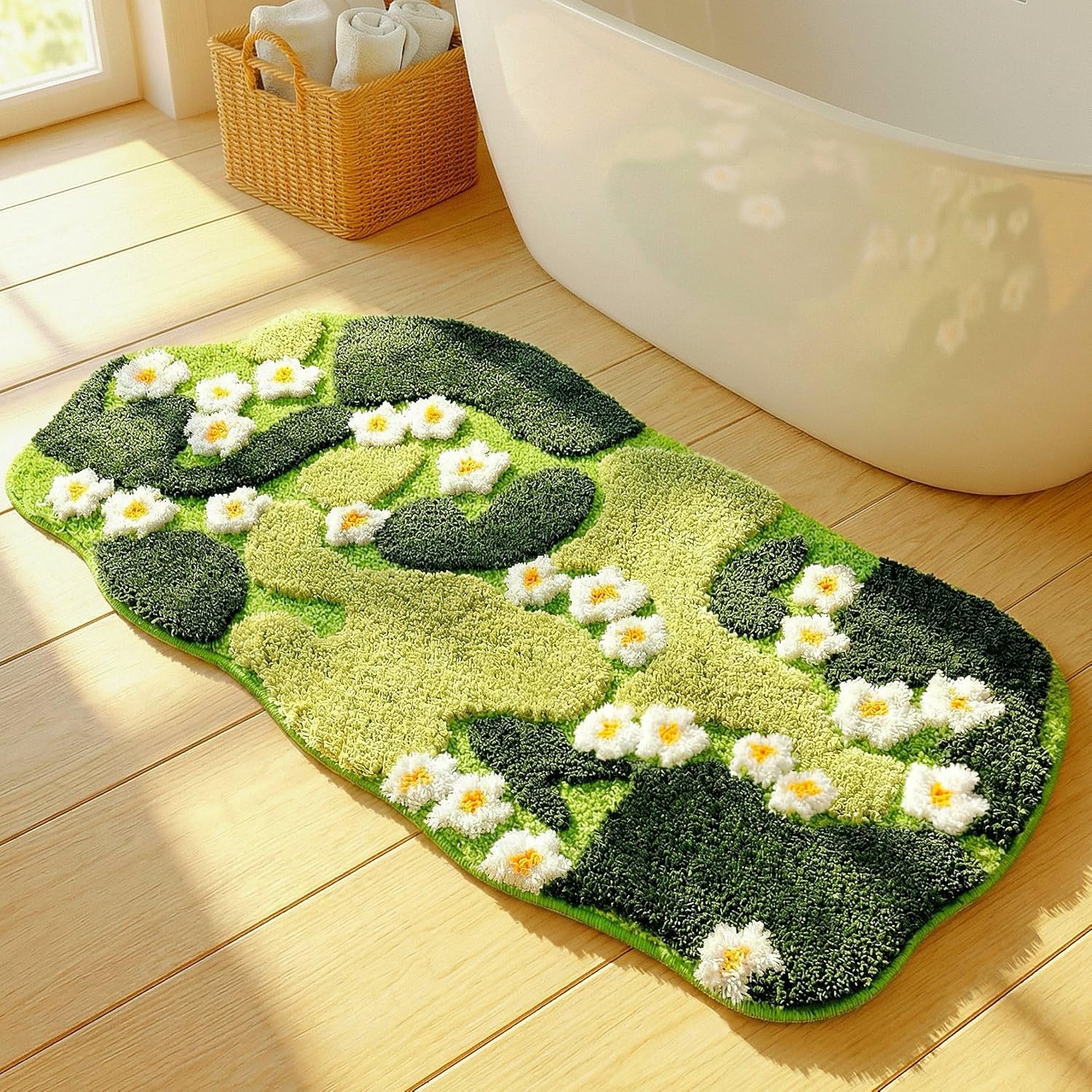 3D Moss Bath Mat,43x20 in Non-Slip Long Bathroom Rugs Runner,Large Green Floral Rug for Bedroom,Aesthetic Cute Bathroom Decor,Washable, Water Absorbent, Soft, Shower