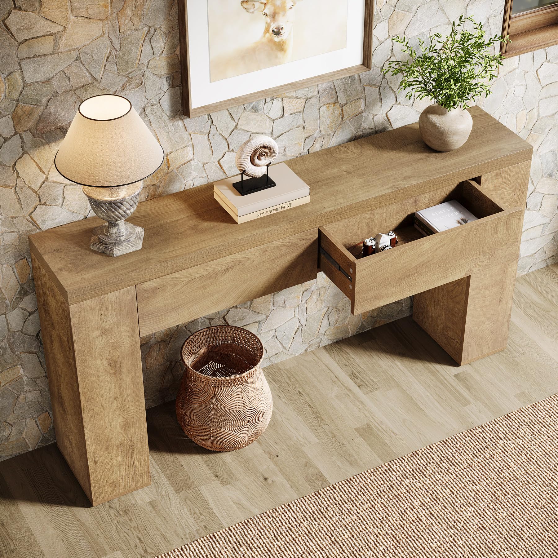 Tribesigns Tavolo consolle da 160 cm con 2 cassetti, tavolino da corridoio sottile con vano portaoggetti, moderno in legno dietro il divano, stile rustico, per corridoio, soggiorno, corridoio