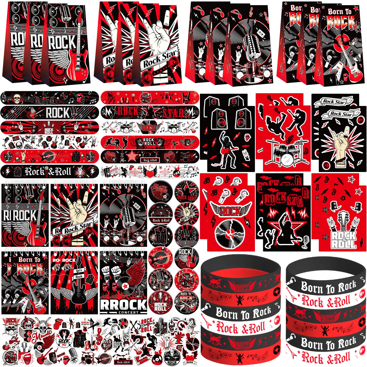Ywediim Rock and Roll Party Favors , Including Gift Bags , Stickers Badge Slap Bracelets Silicone Wristbands DIY Stickers , for Rock Music Theme Party Supplies