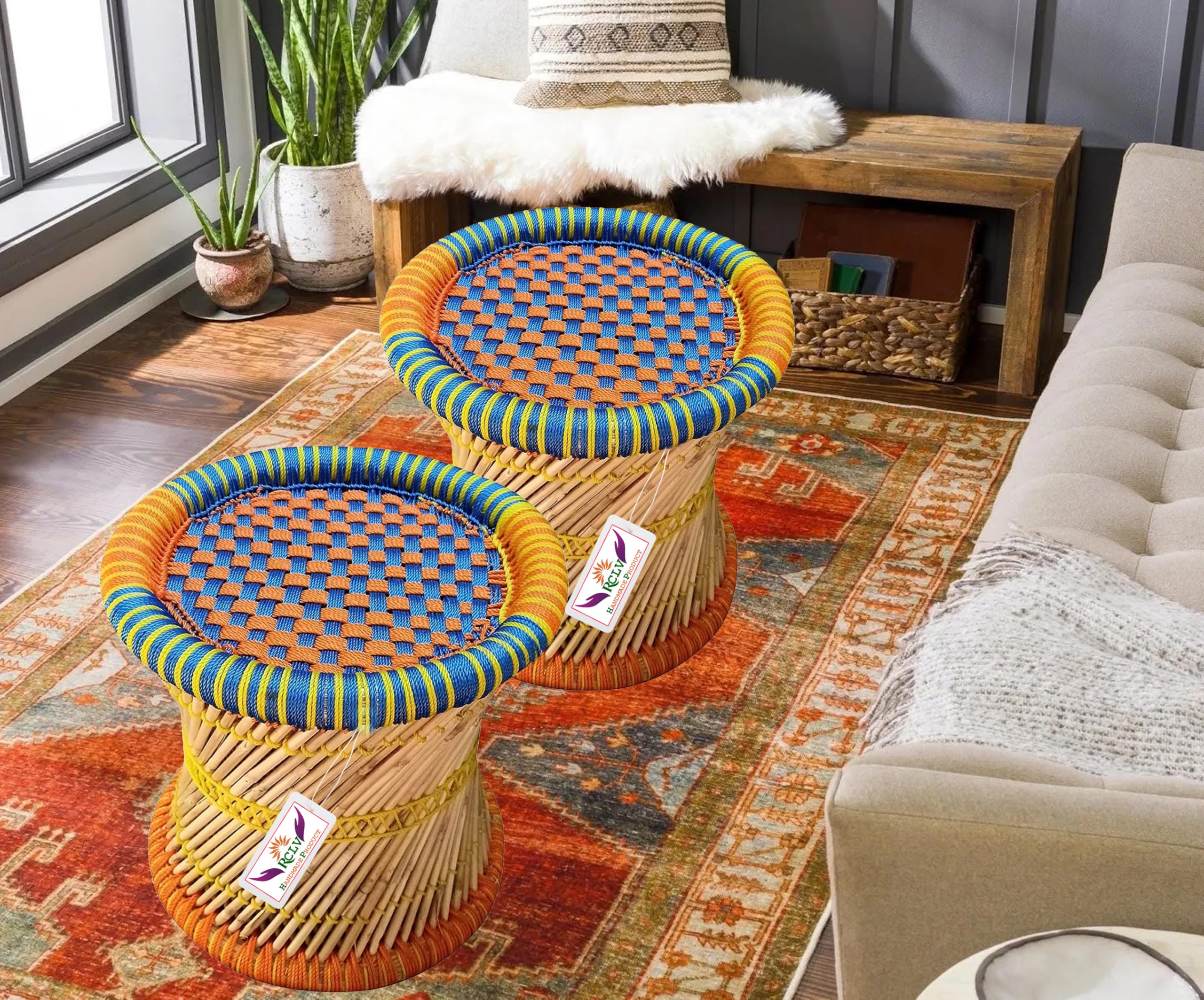 Handmade Bamboo Mudda/Stool/Chair/Canebar Indoor & Outdoor Living Room 15x15-2 Pices