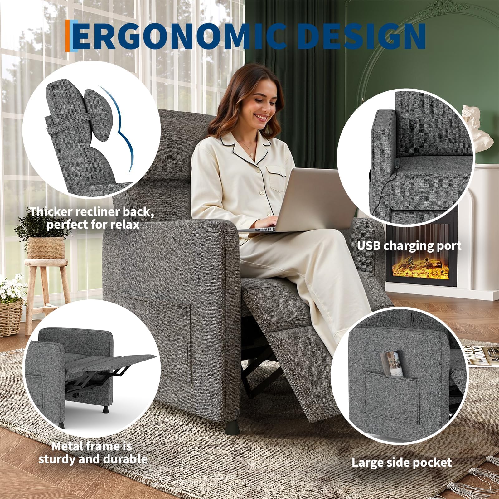 Sillón Eléctrico Reclinable con Masaje y Calor, Asiento de Lino con Mando, Respaldo y Reposapiés Ajustables 165°, Puerto USB, Soporte Lumbar para Salón