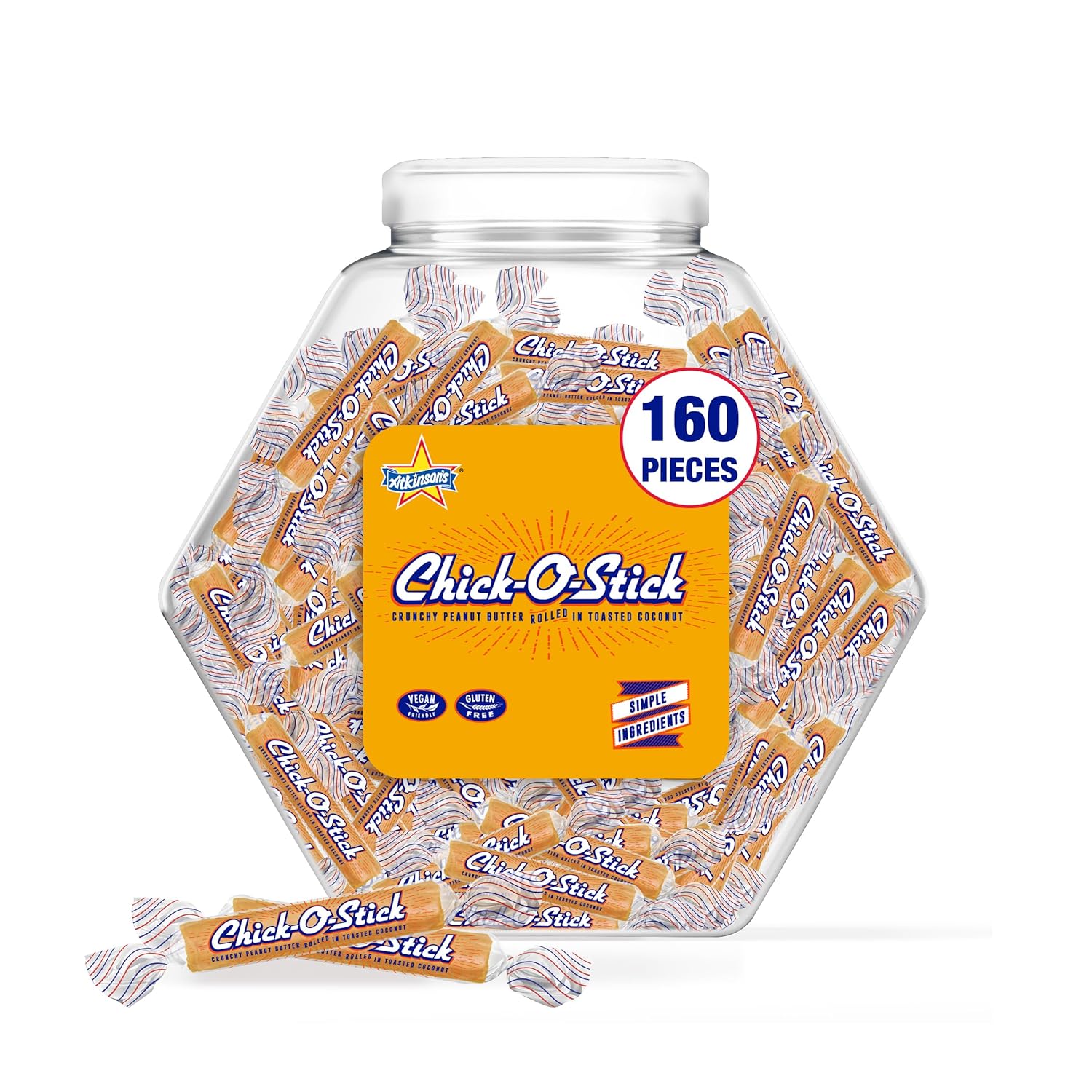 Atkinson's Chick-O-Stick - Crunchy Peanut Butter Rolled in Toasted Coconut - Gluten Free, Kosher, Vegan, No Artificial Ingredients - 0.36 oz. Fun Size Candy - 160 Piece Tub